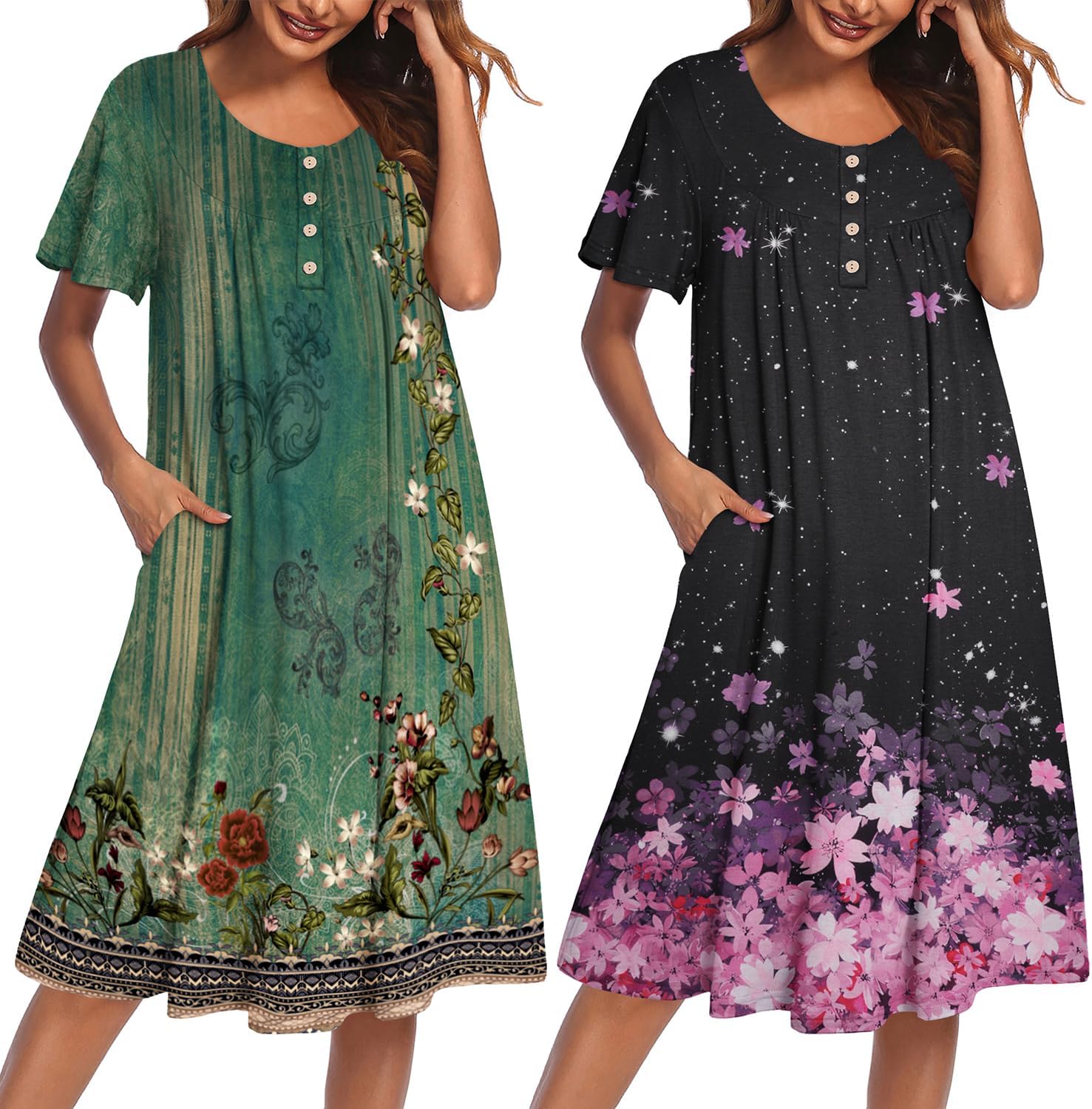 2-pack plus size mumu nightgowns: green floral print and black with pink blossoms