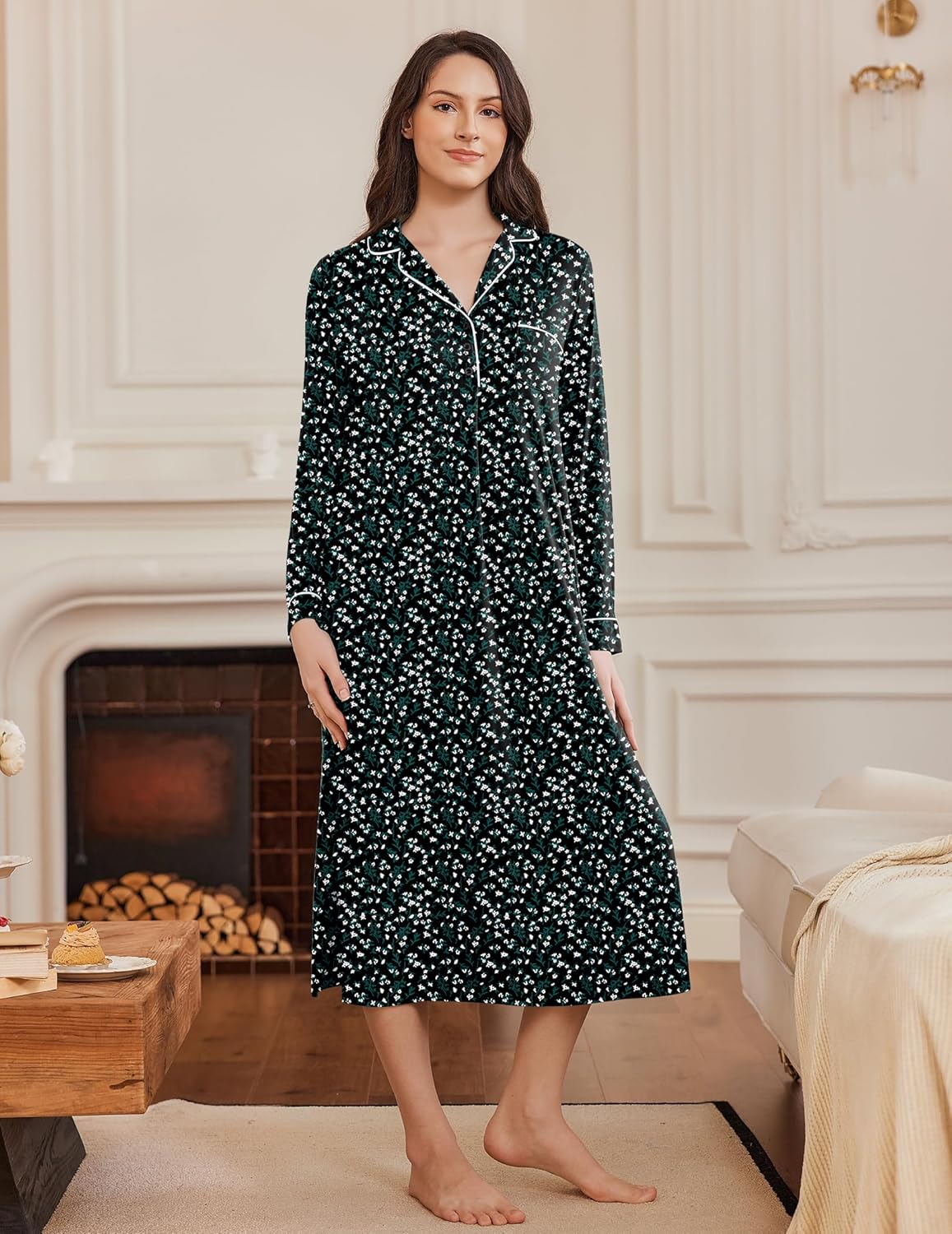 Soft Sleepwear Button V Neck Long Nightgown