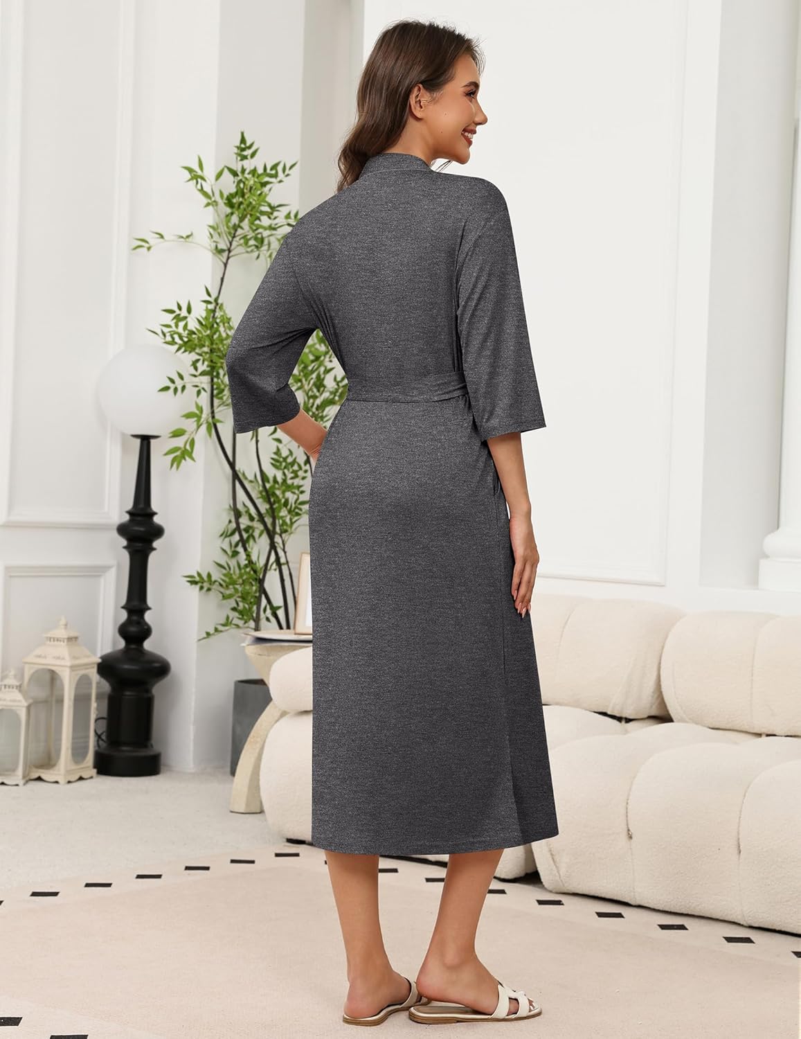 Long Knit Bathrobe Lightweight 3/4 Sleeves Kimono Robe