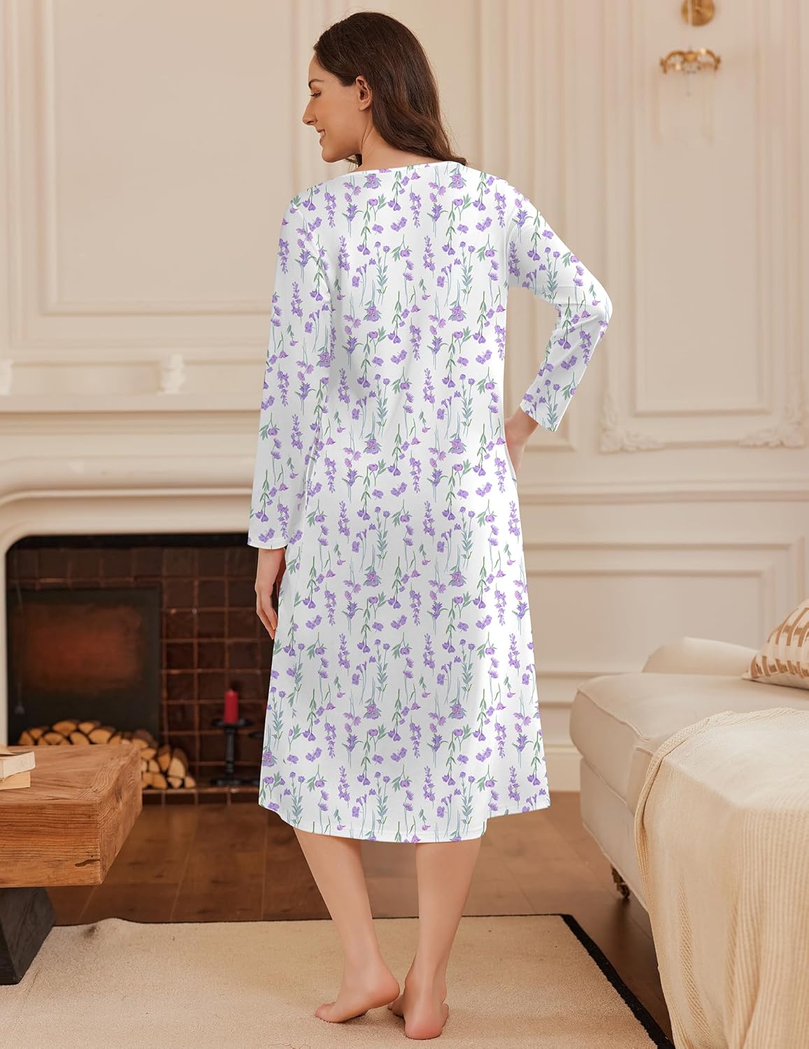 Long Button Night Gowns Full Length Sleep Dress with Pockets