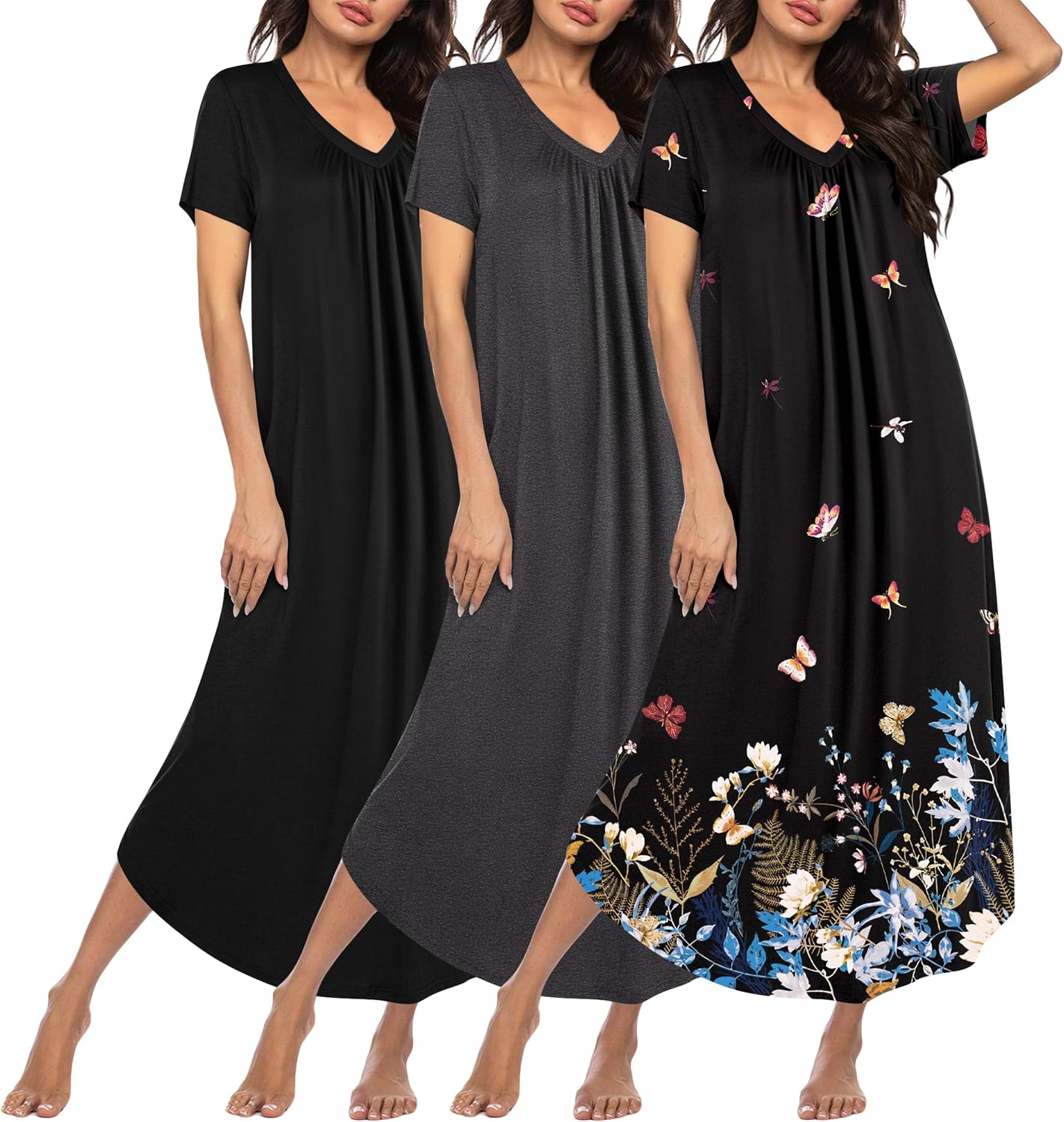 Plus size long nightgown set of three: black, charcoal, and black with colorful butterfly print.