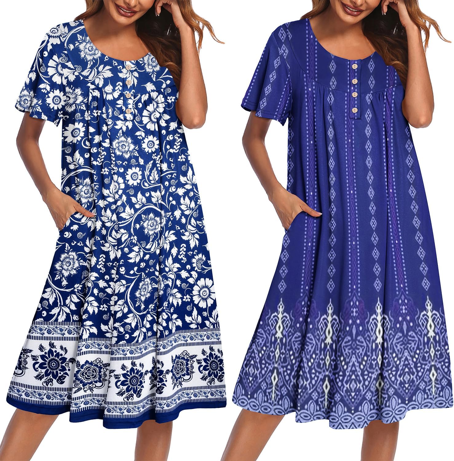2-pack plus size mumu nightgowns: blue/white floral print and purple patterned, buttons