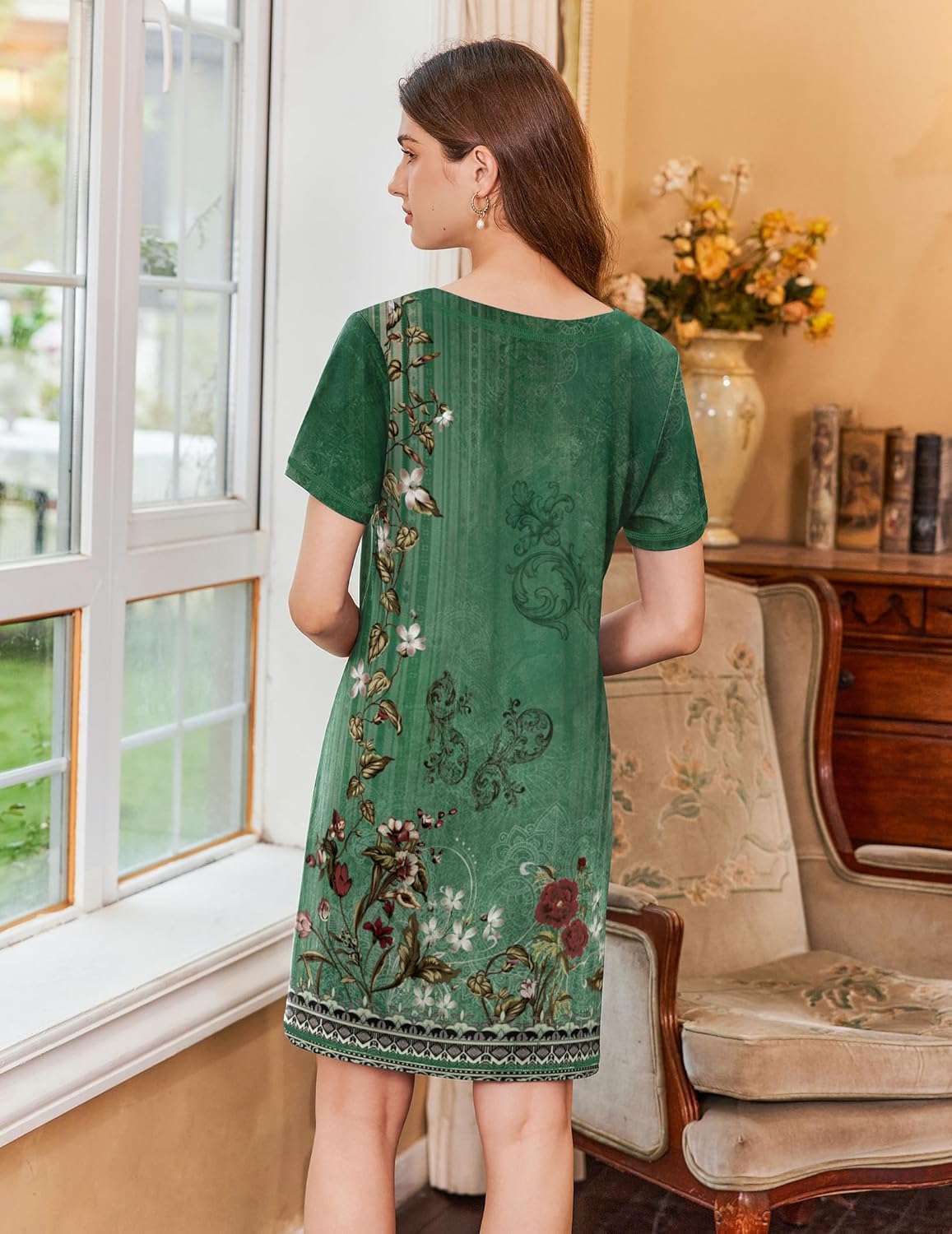 Ekouaer Short Sleeve Sleep Shirts V Neck Soft Sleepdress