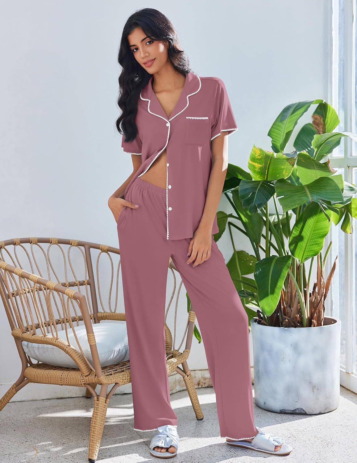 Button Up Soft Pjs Short Sleeve 2 Piece Lounge Sets