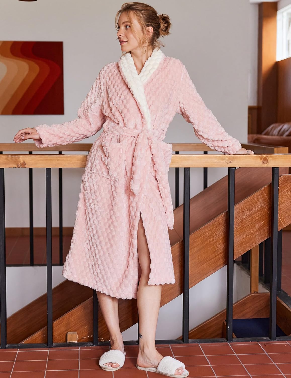 Plush Soft Bathrobe Jacquard Color Block Robes