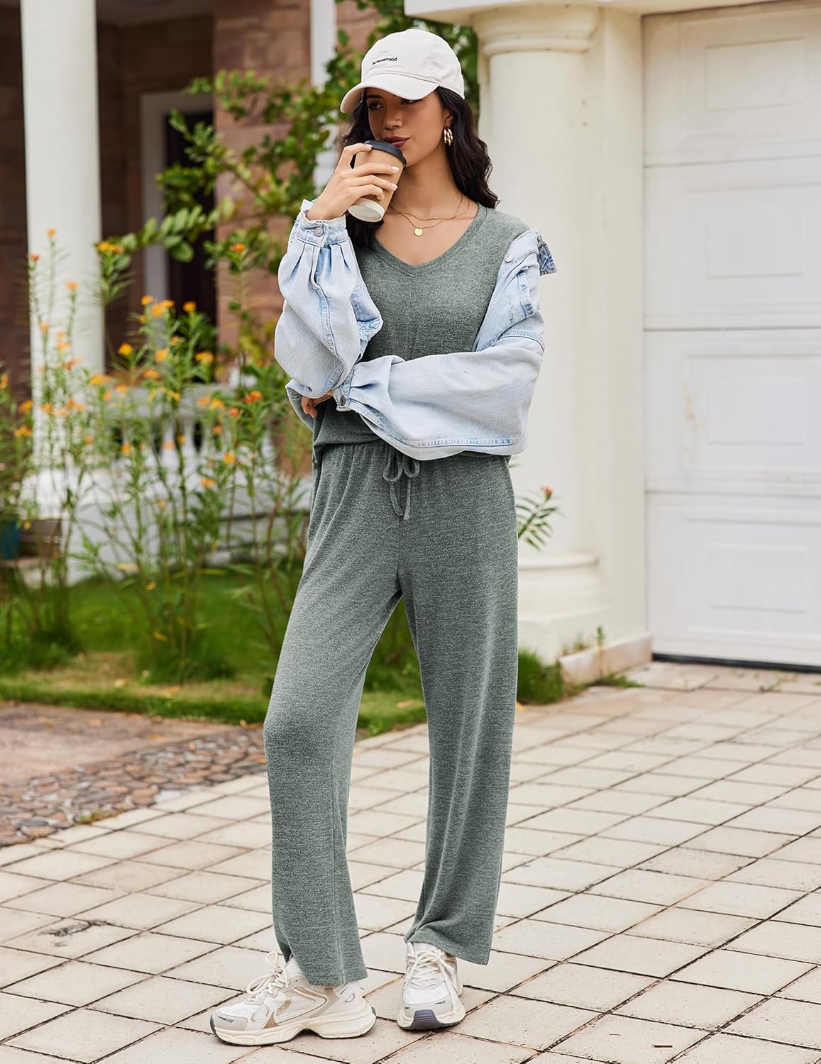 2 Piece Lounge Sets V Neck Matching Pjs Soft Sleepwear