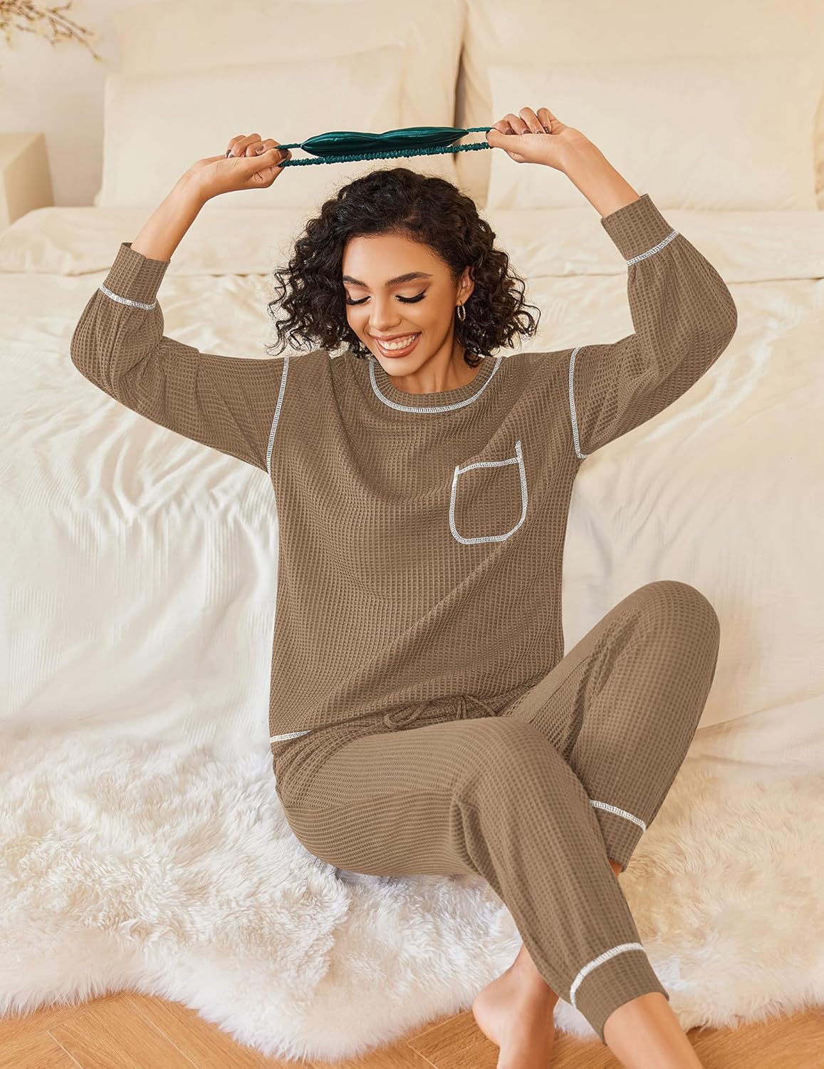 Pajamas Set Waffle Knit Long Sleeve Lounge Set