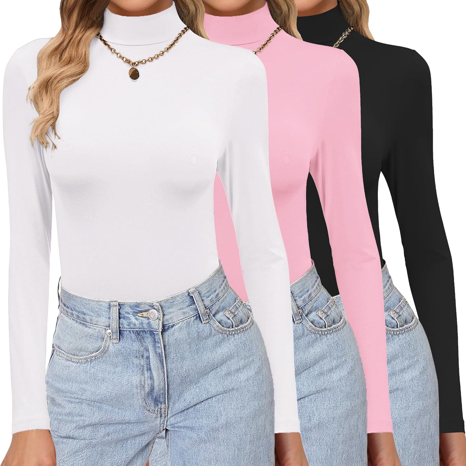 Ekouaer 3 Pack Turtleneck Shirts Long Sleeve Mock Tops