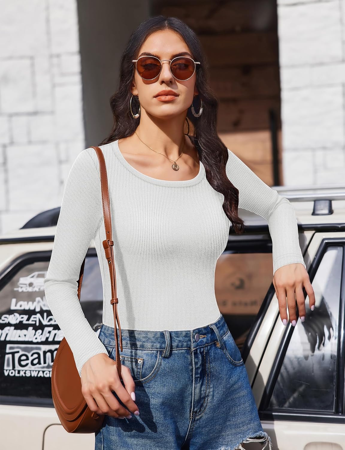 Ekouaer Long Sleeve Shirts Ribbed Scoop Neck Tops