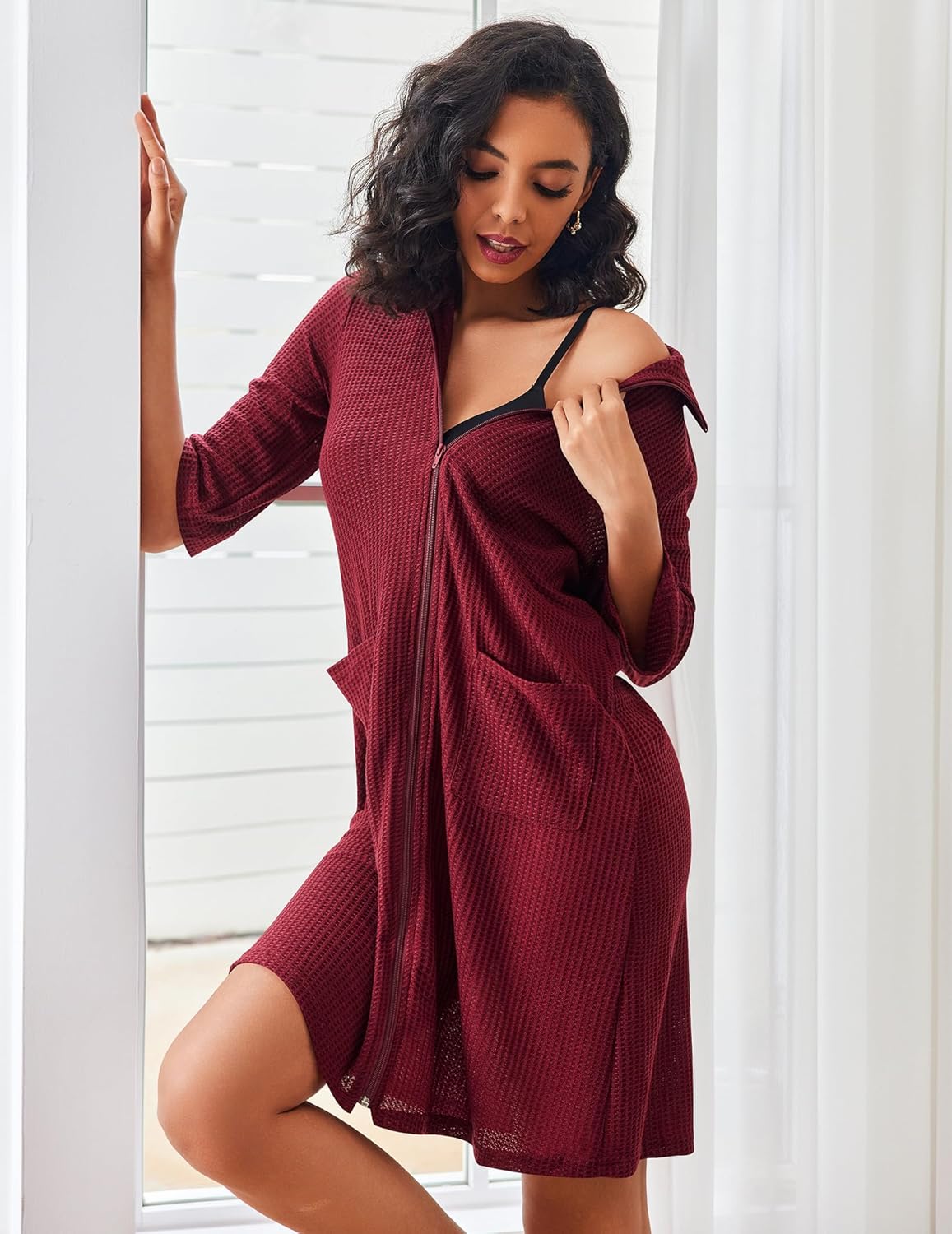 Ekouaer Zipper Robes Waffle Knit Bathrobes with Pockets