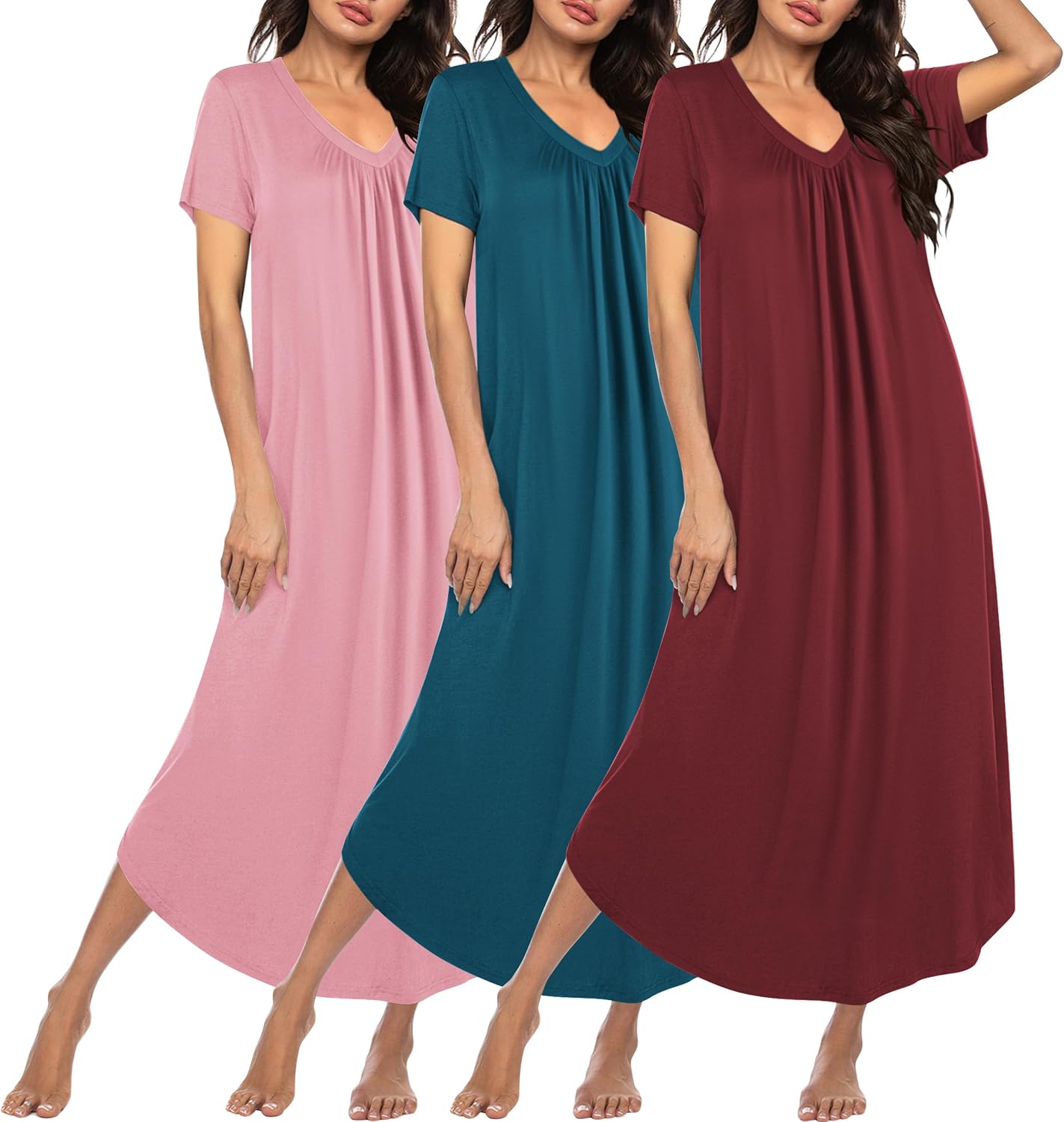 Plus size long nightgown set in blush pink, teal, and deep red solid house dresses