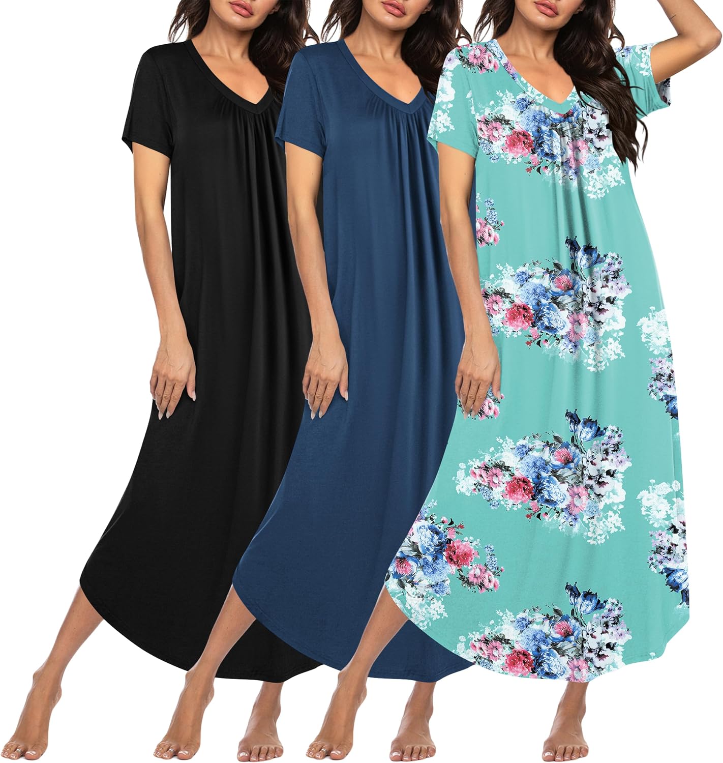 Plus size long nightgown set of three: black, blue, and teal floral print nightgowns.