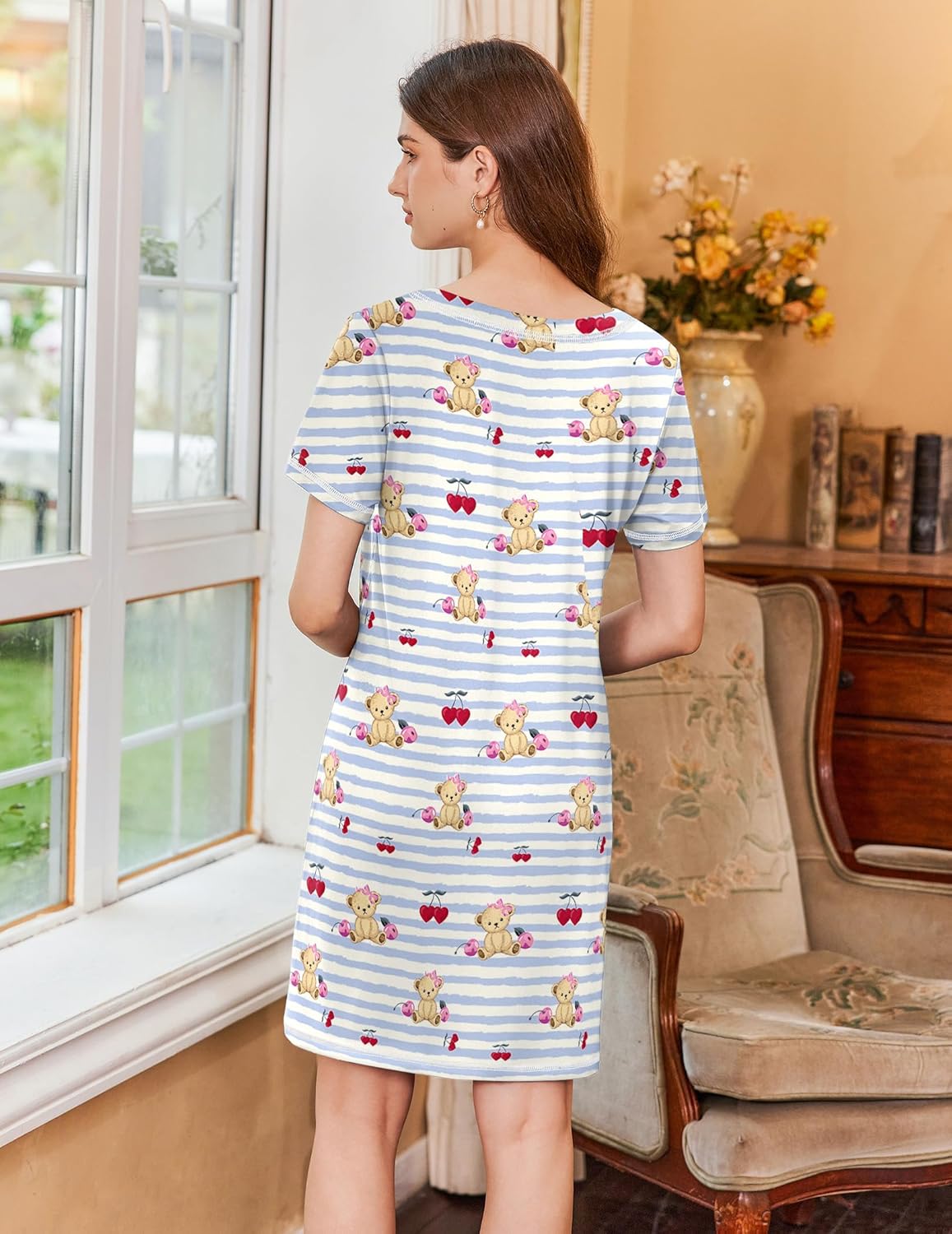 Ekouaer Short Sleeve Sleep Shirts V Neck Soft Sleepdress