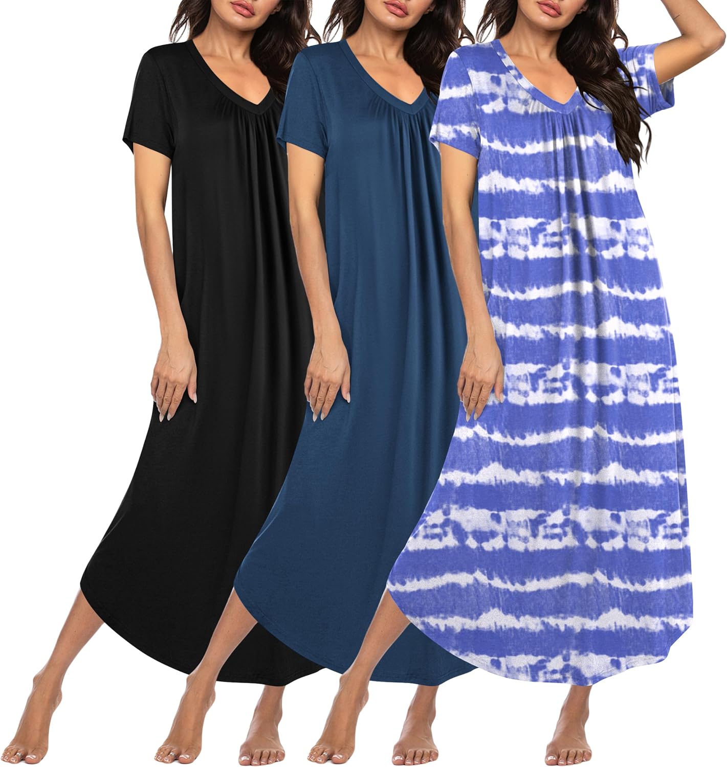 Plus size long nightgown set of three: black, blue, and blue-and-white striped nightgown.