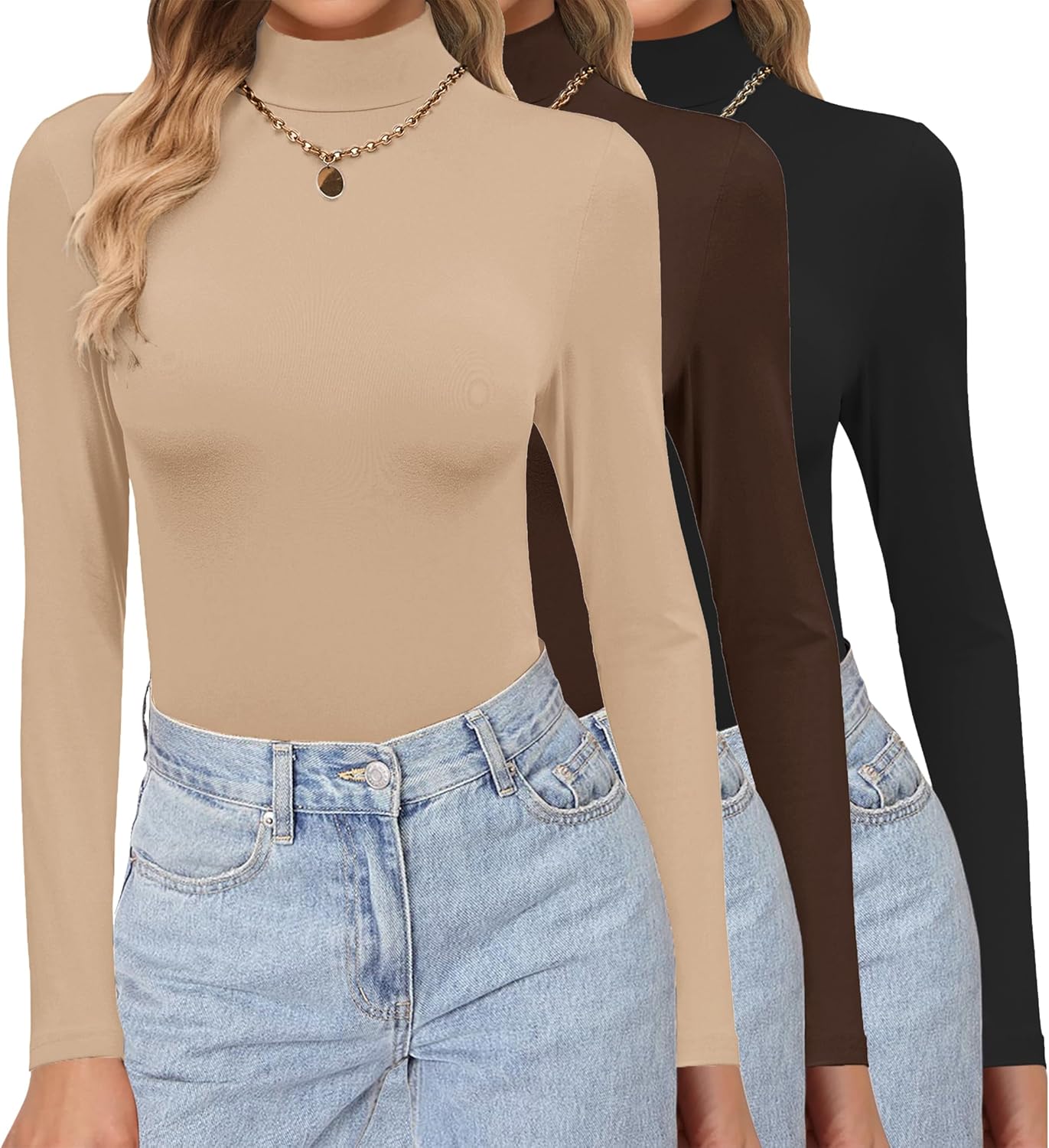 Ekouaer 3 Pack Turtleneck Shirts Long Sleeve Mock Tops