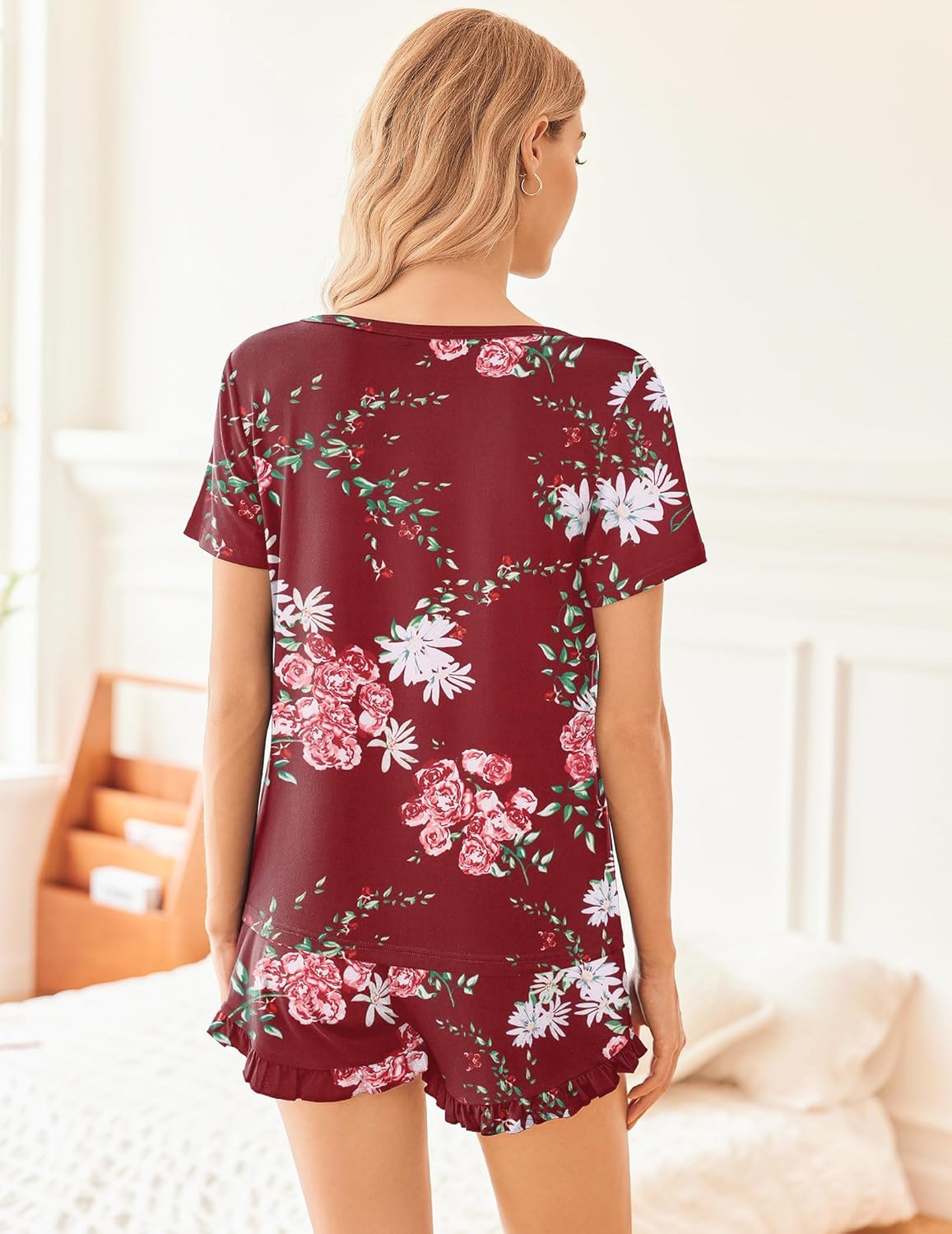 Lounge Set Crew Neck Tops and Ruffle Shorts Pj Sets