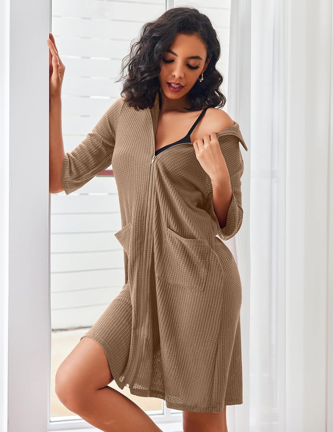 Ekouaer Zipper Robes Waffle Knit Bathrobes with Pockets