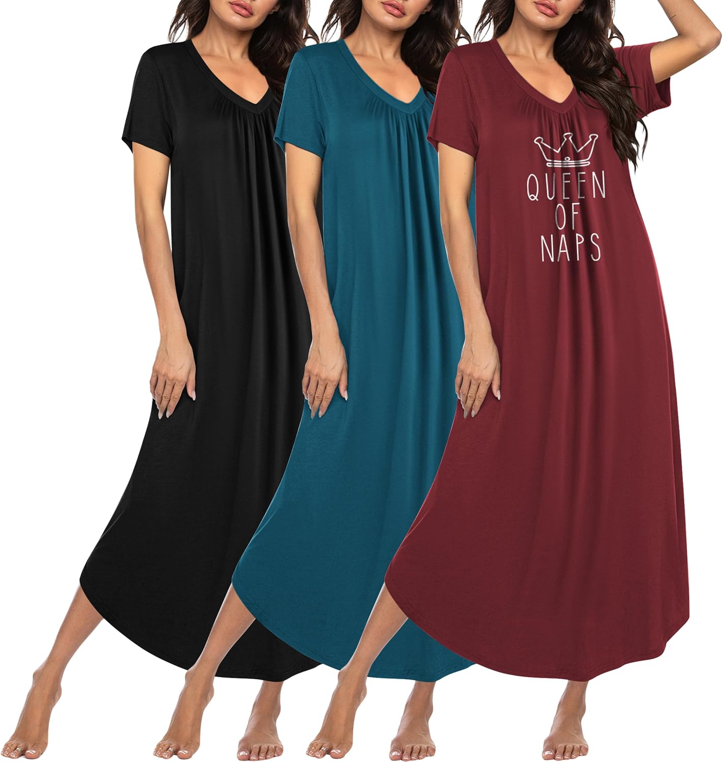 Plus size long nightgown set of three: black, teal, and wine red “Queen of Naps” print.