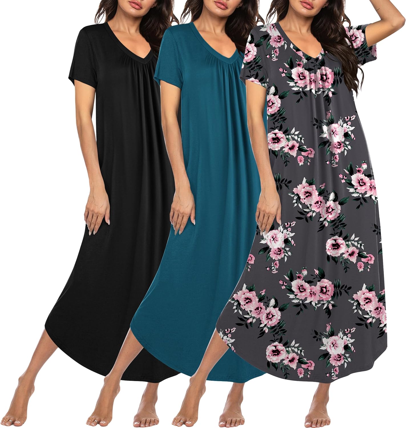 Plus size long nightgown set of three: black, teal, and black floral with pink flowers.