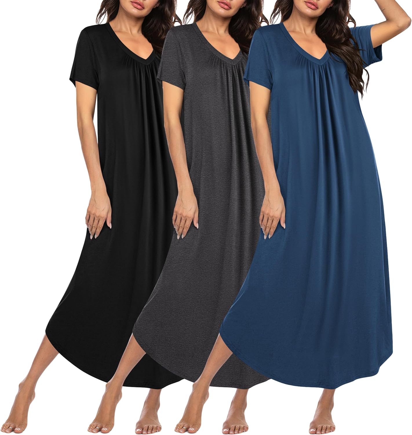 Plus size long nightgown set of three: black, charcoal, and blue solid long nightgowns.