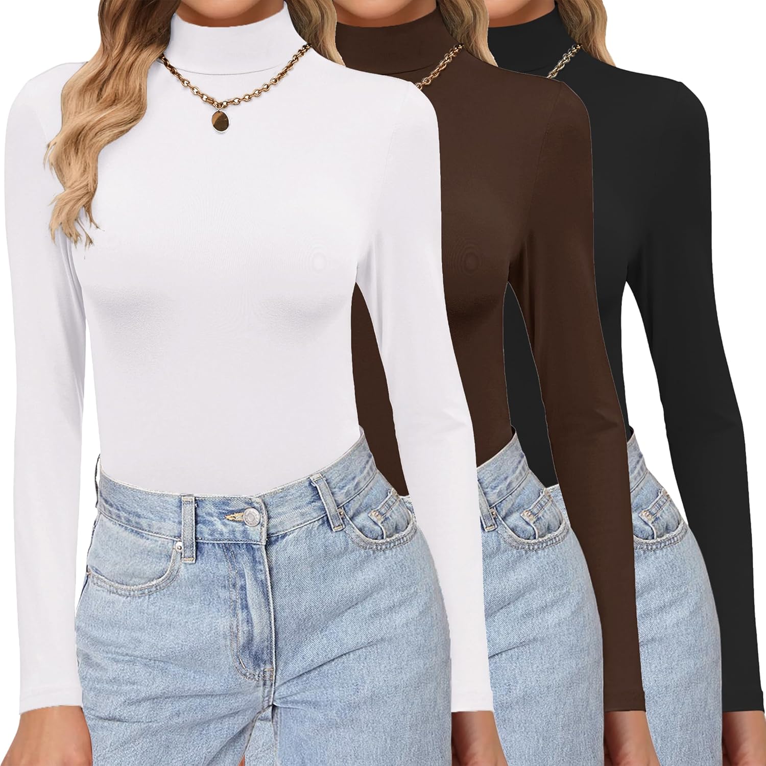 Ekouaer 3 Pack Turtleneck Shirts Long Sleeve Mock Tops