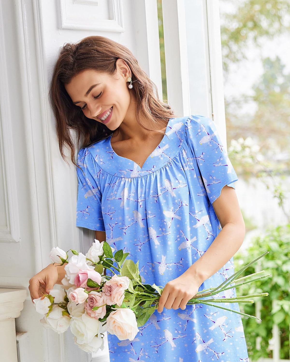 Ekouaer Cotton Nightgown Embroidered Lounge Dress with Pockets