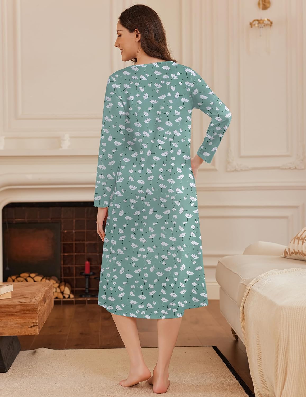 Long Button Night Gowns Full Length Sleep Dress with Pockets