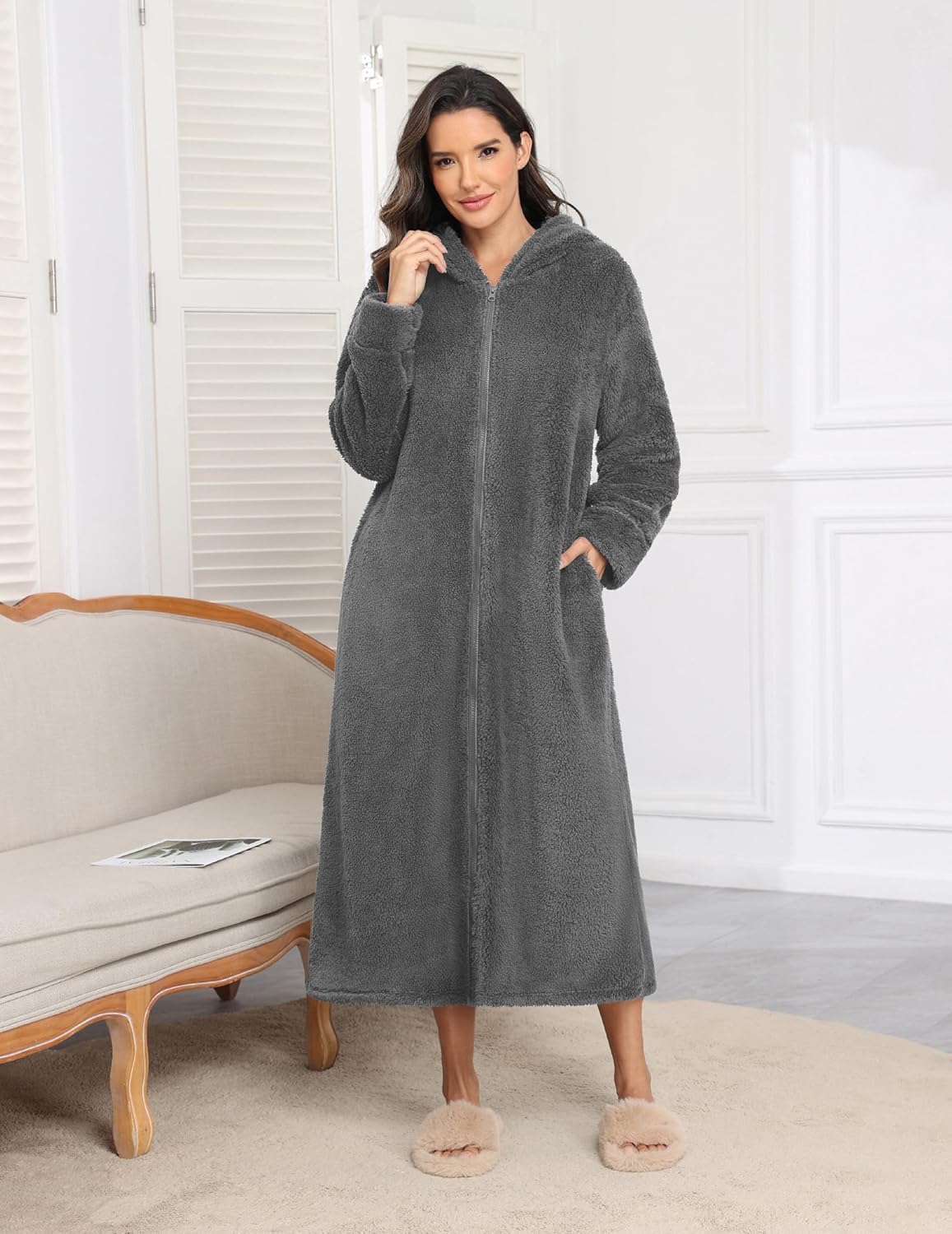Fleece Robes Hooded Plush Zipper Front Long Bathrobe