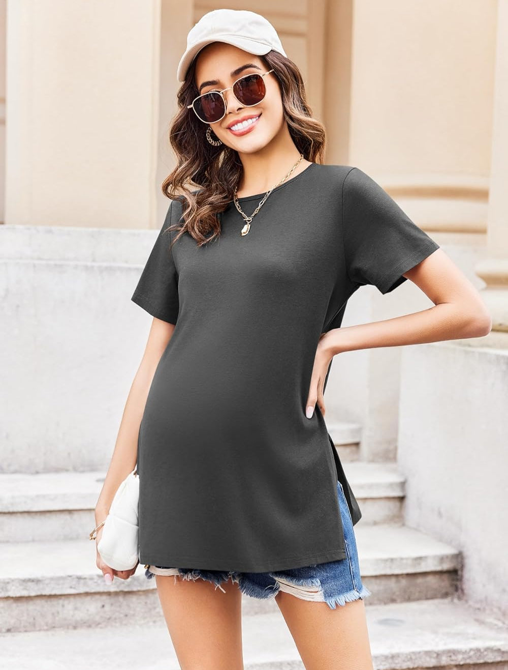 Ekouaer Maternity Shirts Short Sleeve Split Side Tops