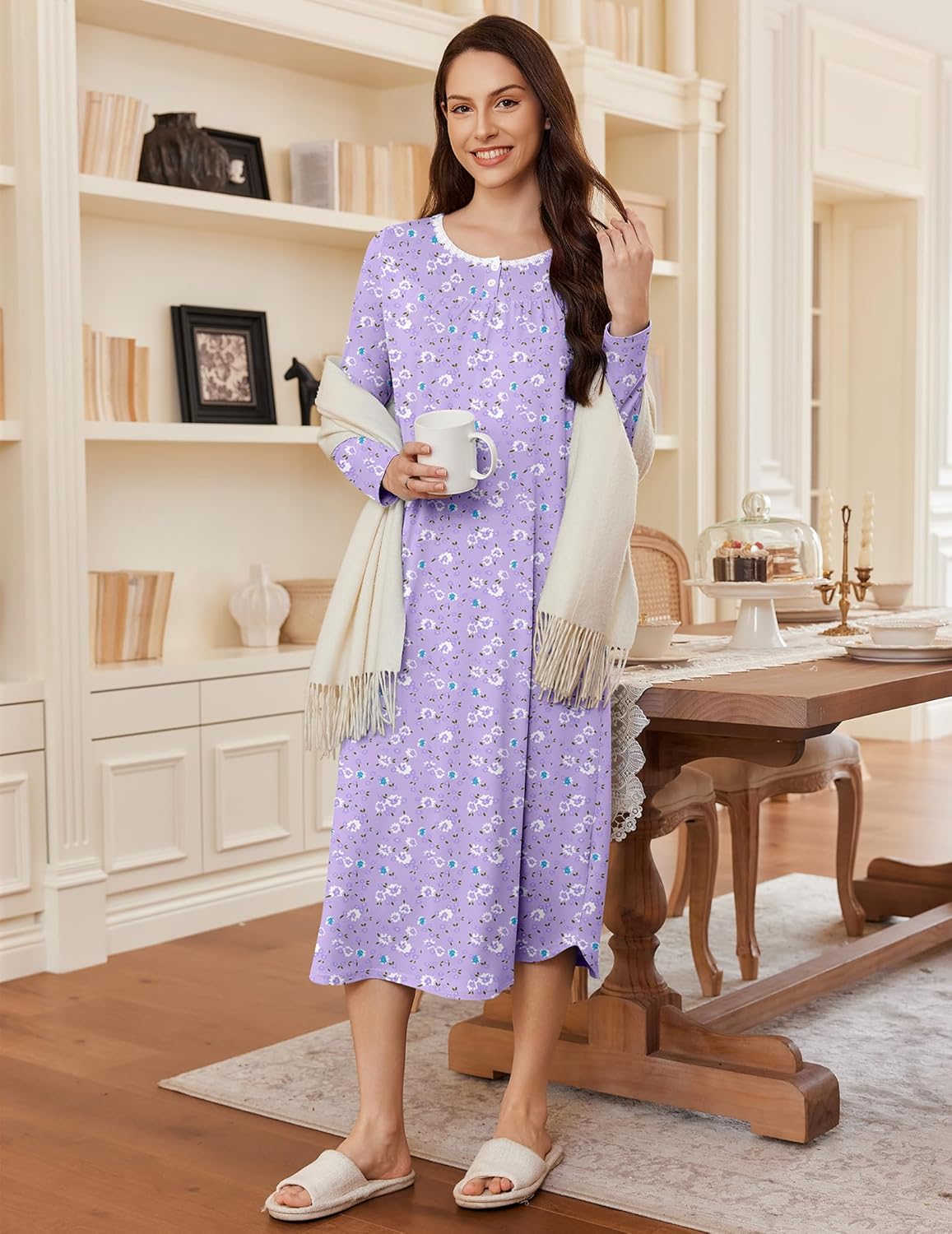Long Sleeve Long Henley Full Length Sleep Dress