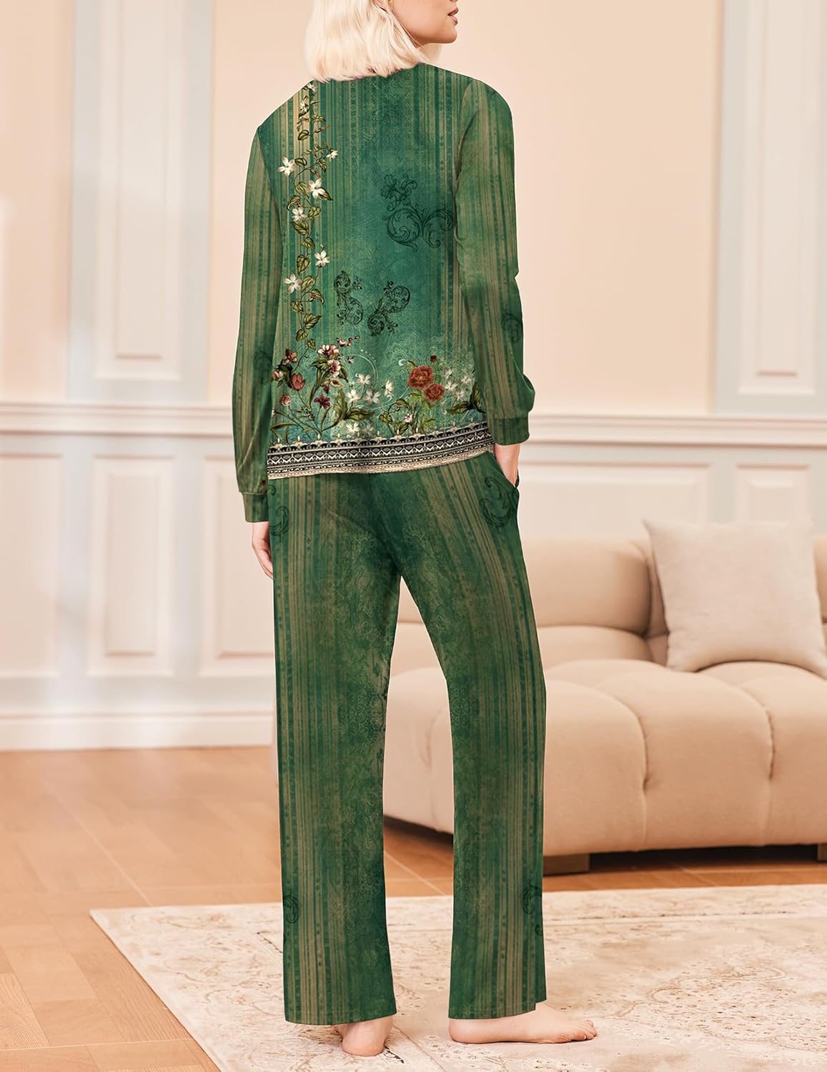 Long Sleeve Pleated V Neck Sleepwear with Pockets