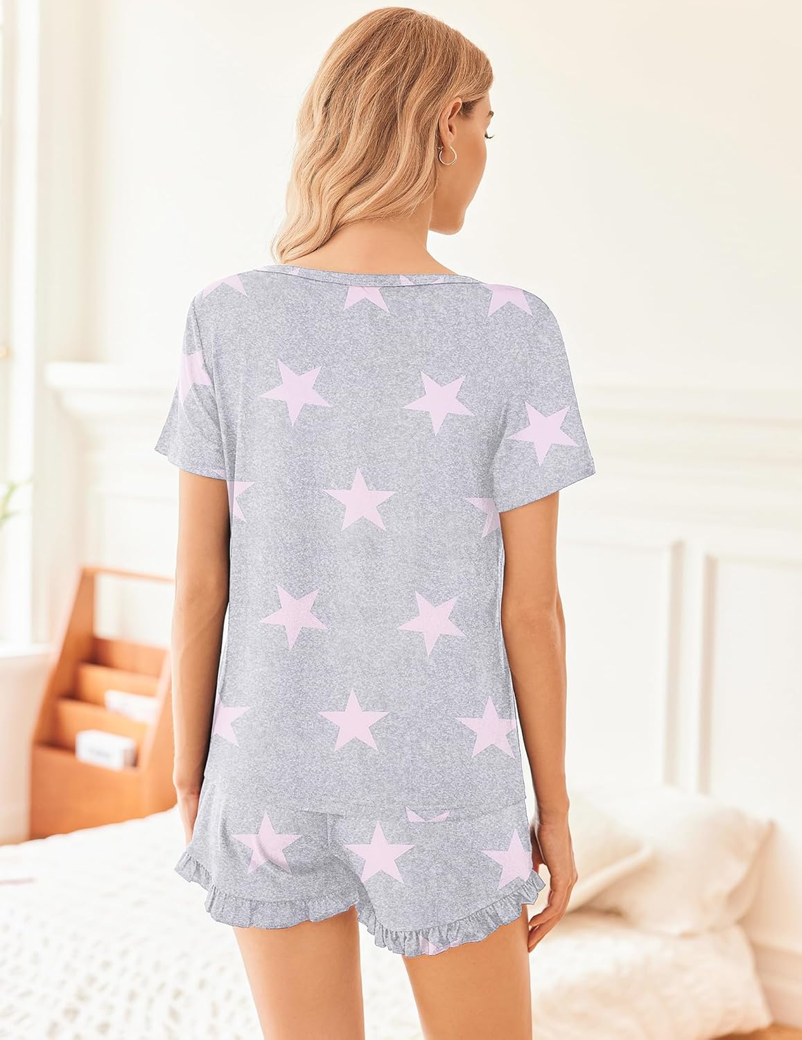 Lounge Set Crew Neck Tops and Ruffle Shorts Pj Sets