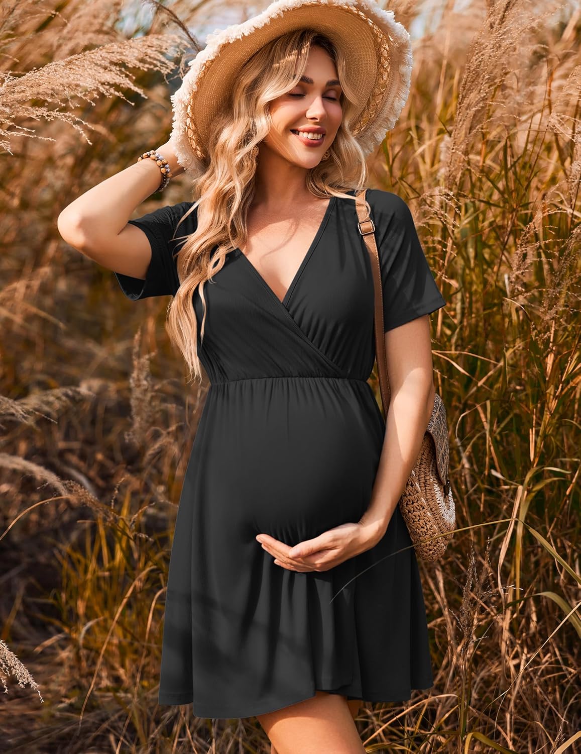 Maternity Nursing Dress V Neck Ribbed Dresses