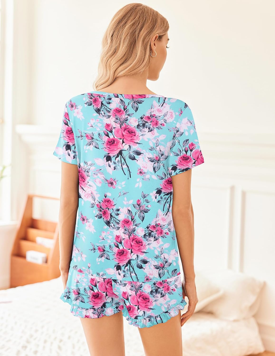 Lounge Set Crew Neck Tops and Ruffle Shorts Pj Sets