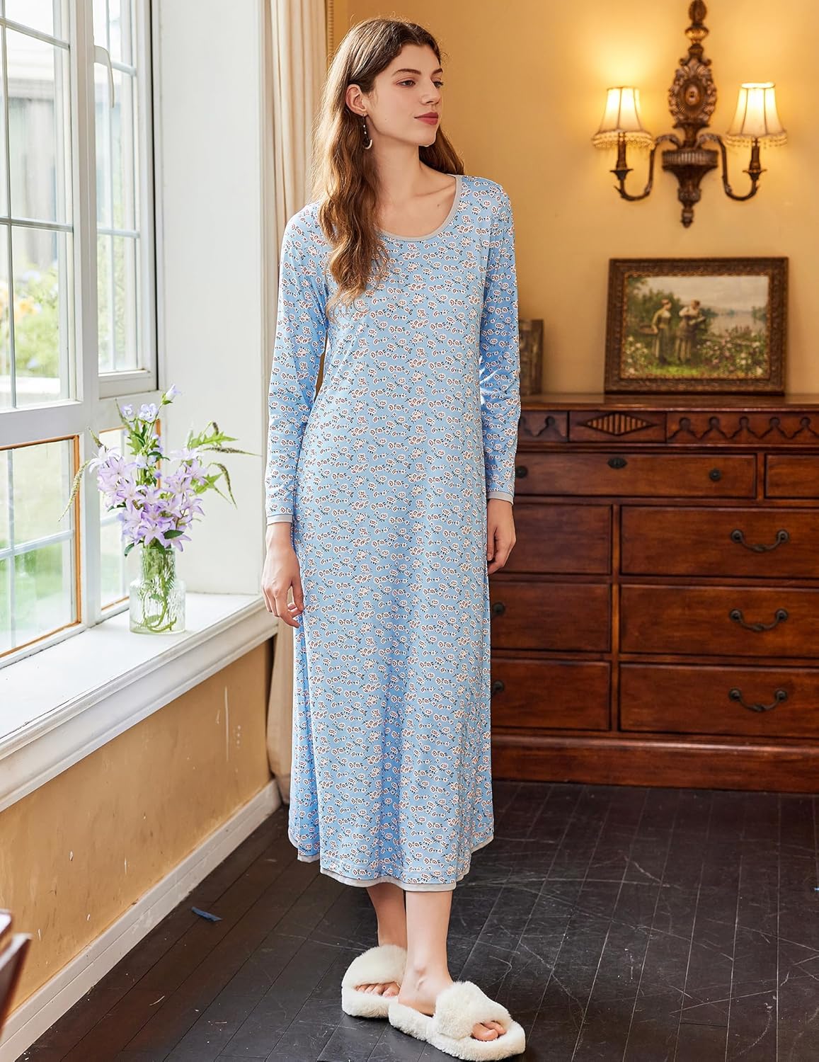 Ekouaer Nightgown Long Sleeve Full Length Long Nightshirt