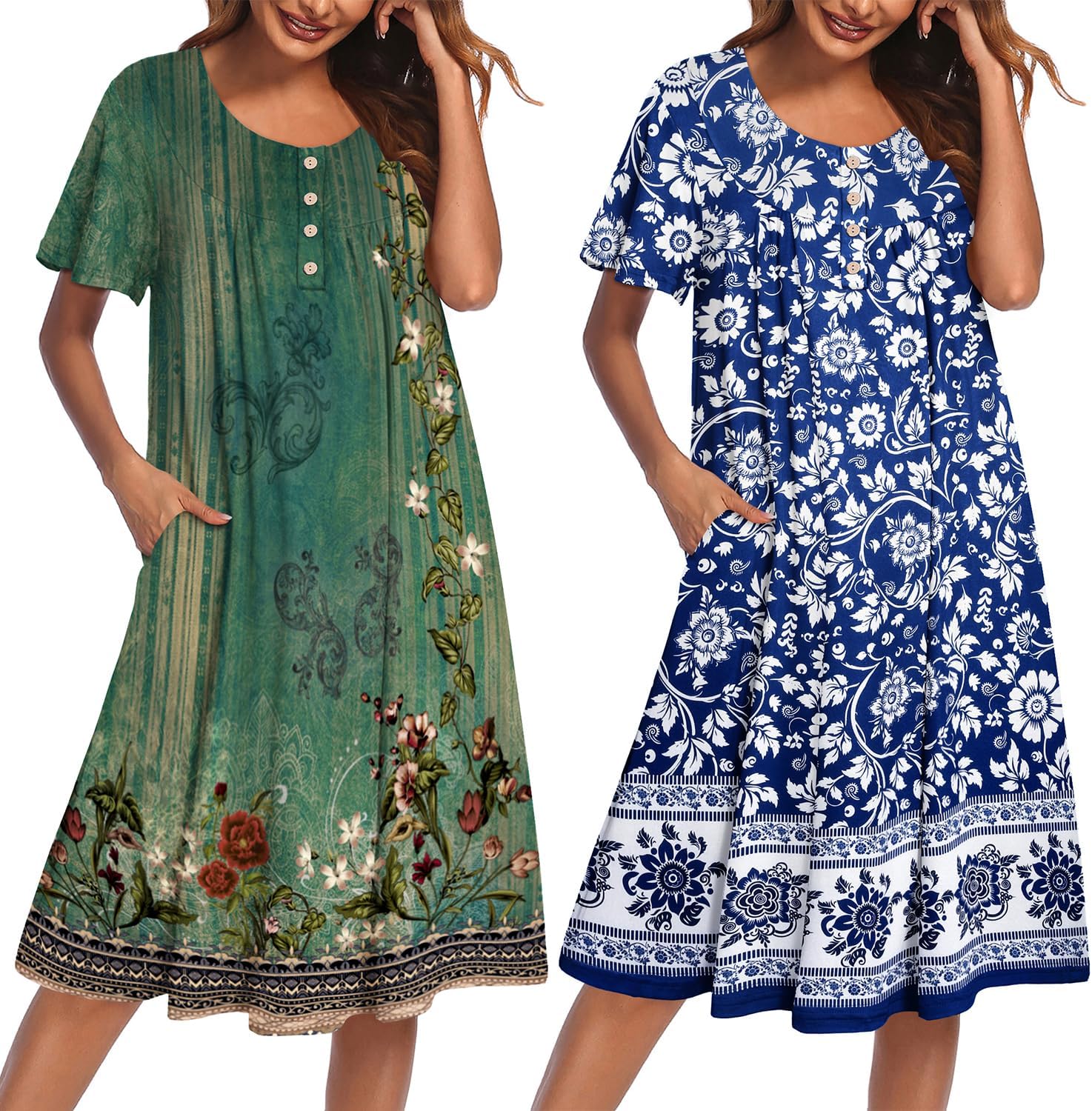 2-pack plus size mumu nightgowns: green floral print and blue/white floral, button placket