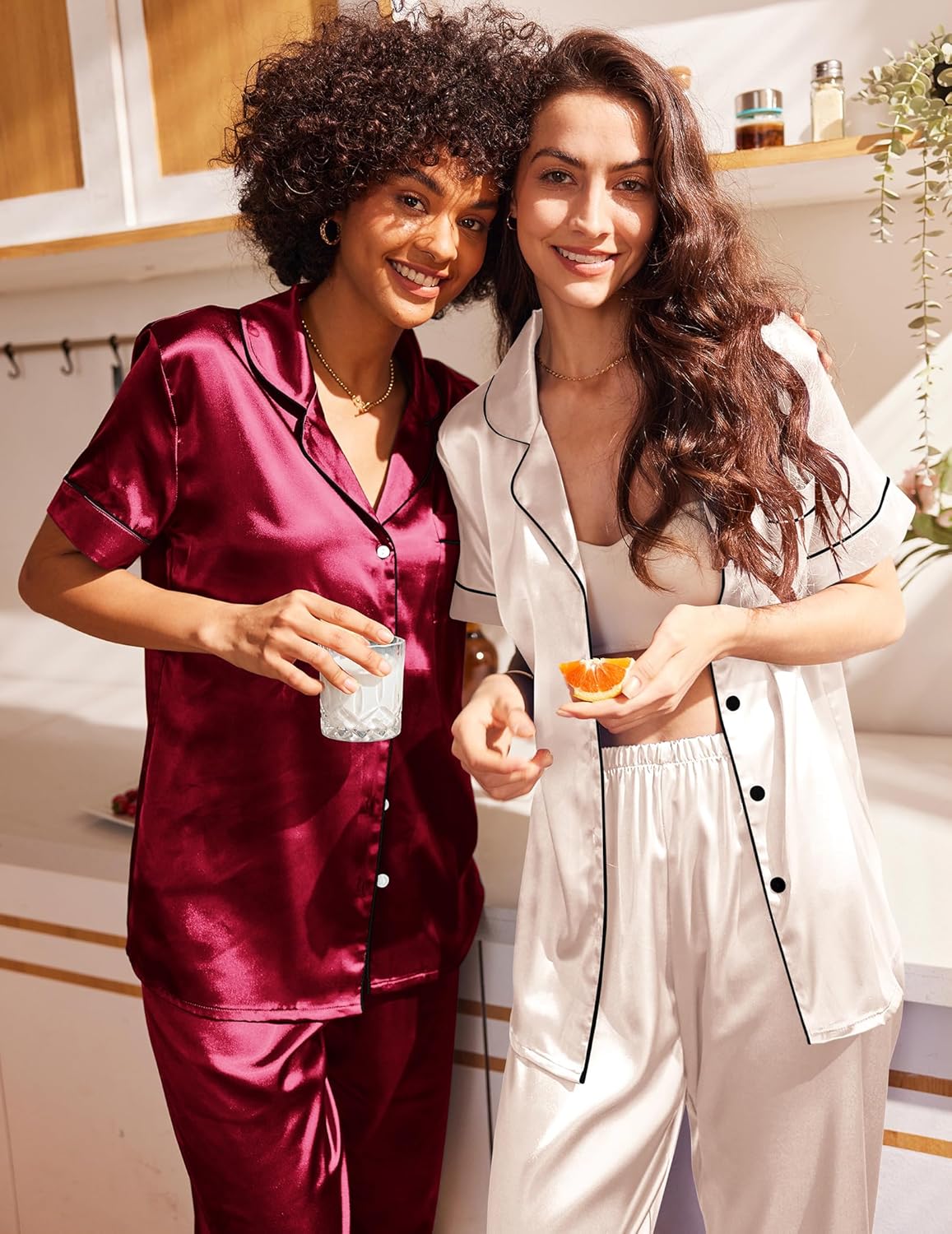 Ekouaer Satin Pajamas Set Short Sleeve Soft Pjs Set