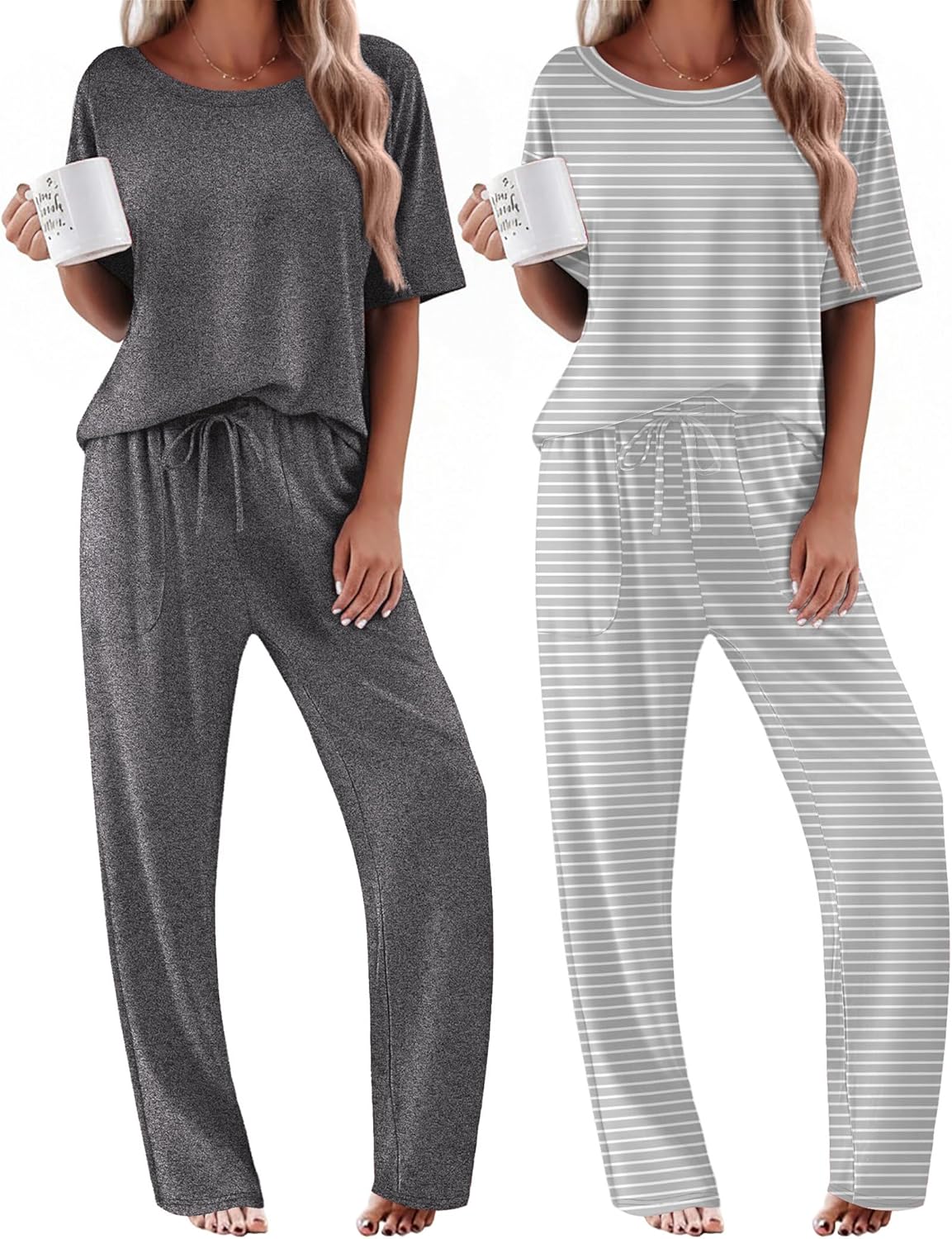 2 Pack Pajama Sets Short Sleeve Tops and Long Pants