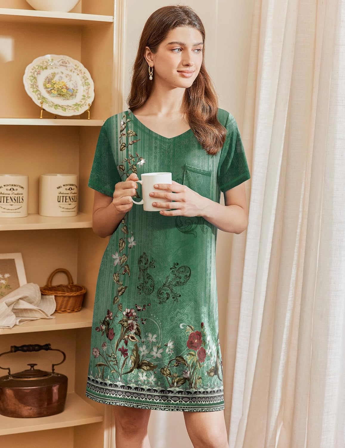 Ekouaer Short Sleeve Sleep Shirts V Neck Soft Sleepdress