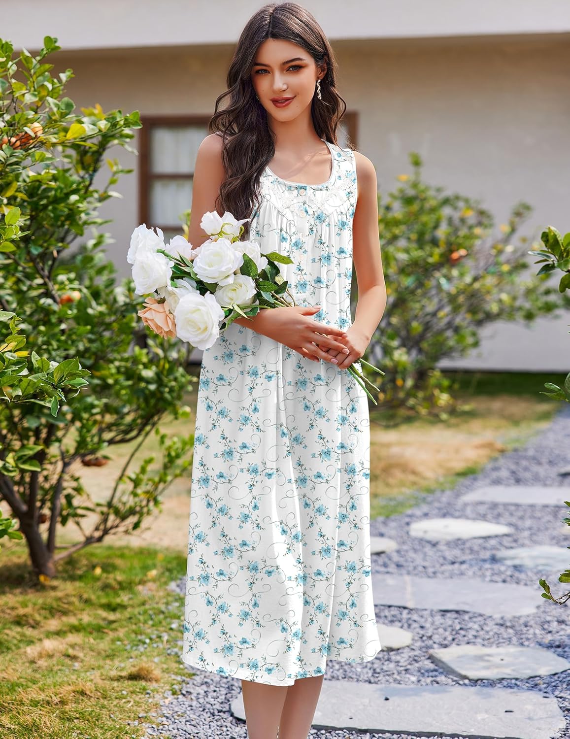 Cotton Long Night Gown Sleeveless Sleep Dress