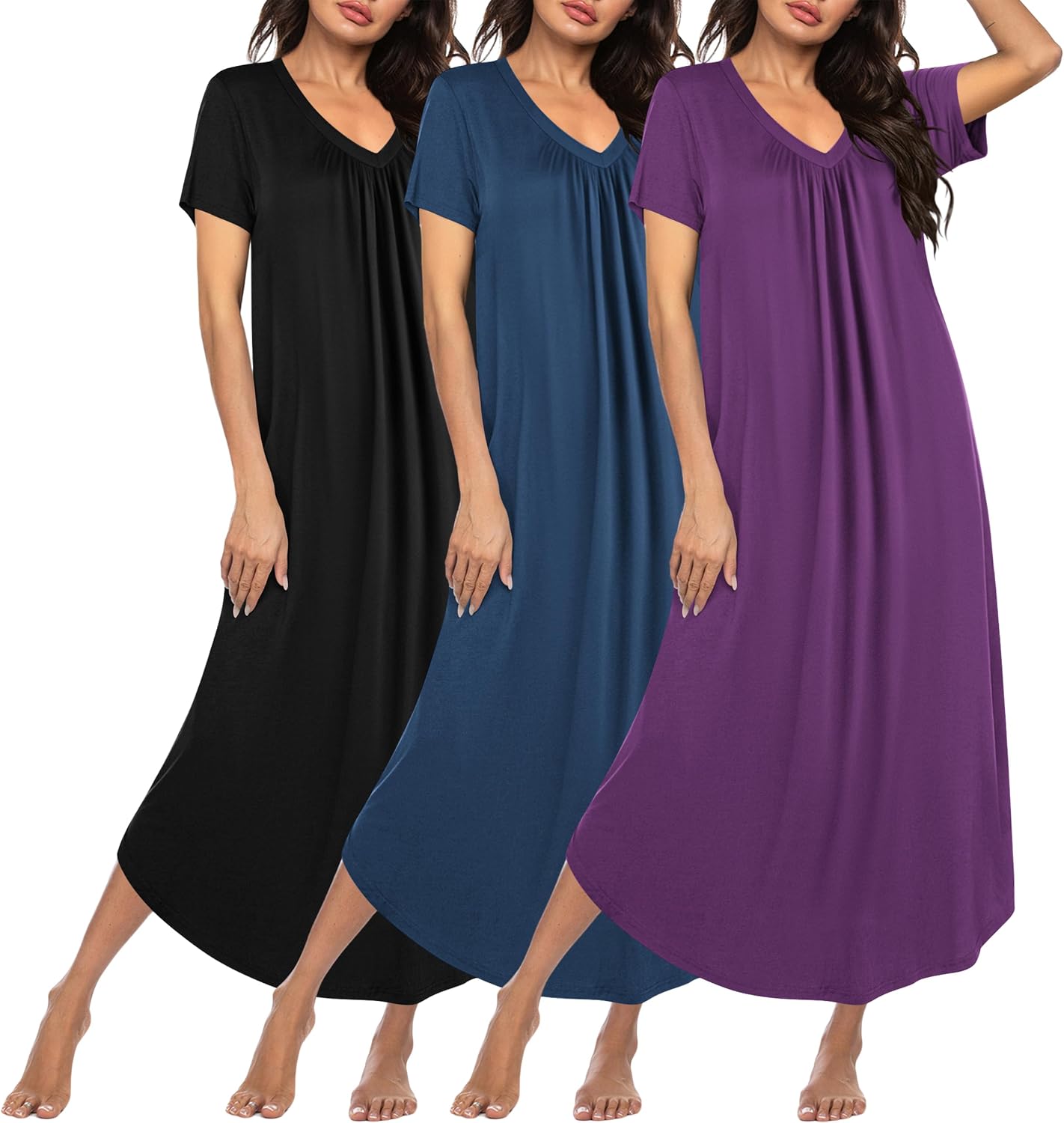 Plus size long nightgown set with black, blue, and purple solid house dresses