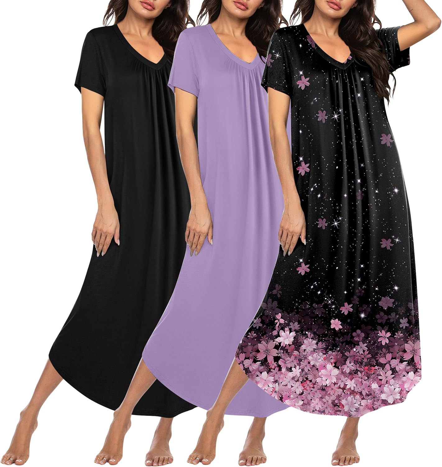 Plus size long nightgown set in black, lavender, and dark star floral print house dress