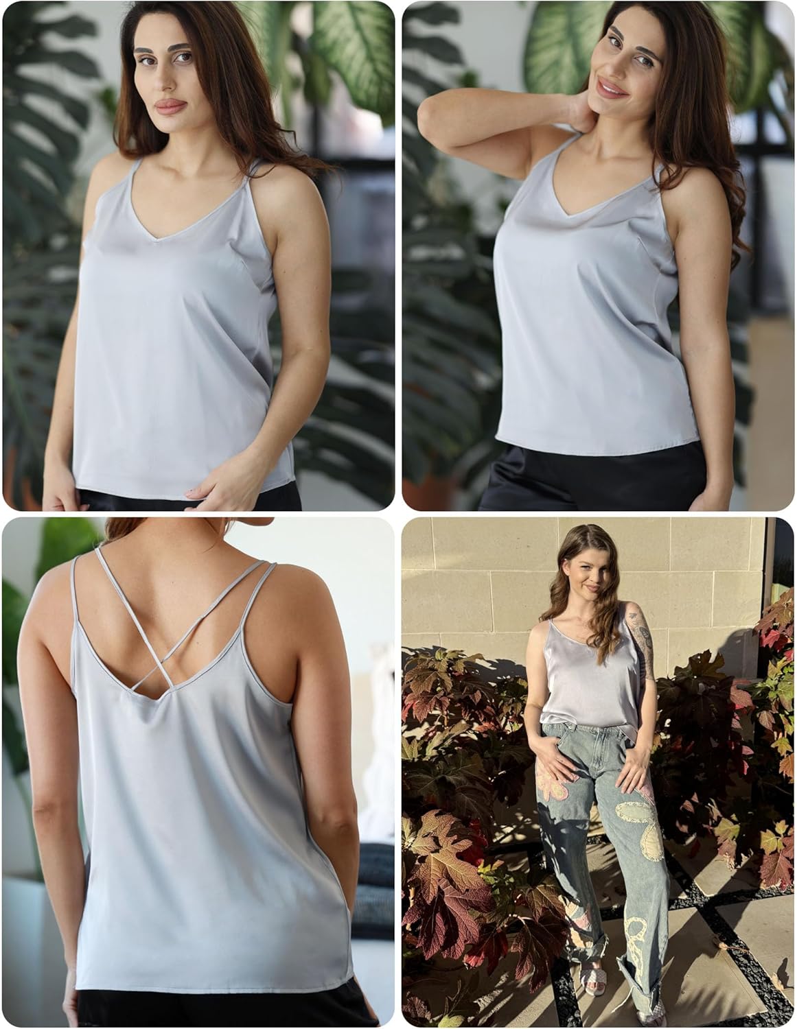 Silk Satin Camisole Tank Tops V Neck Sleeveless Blouses