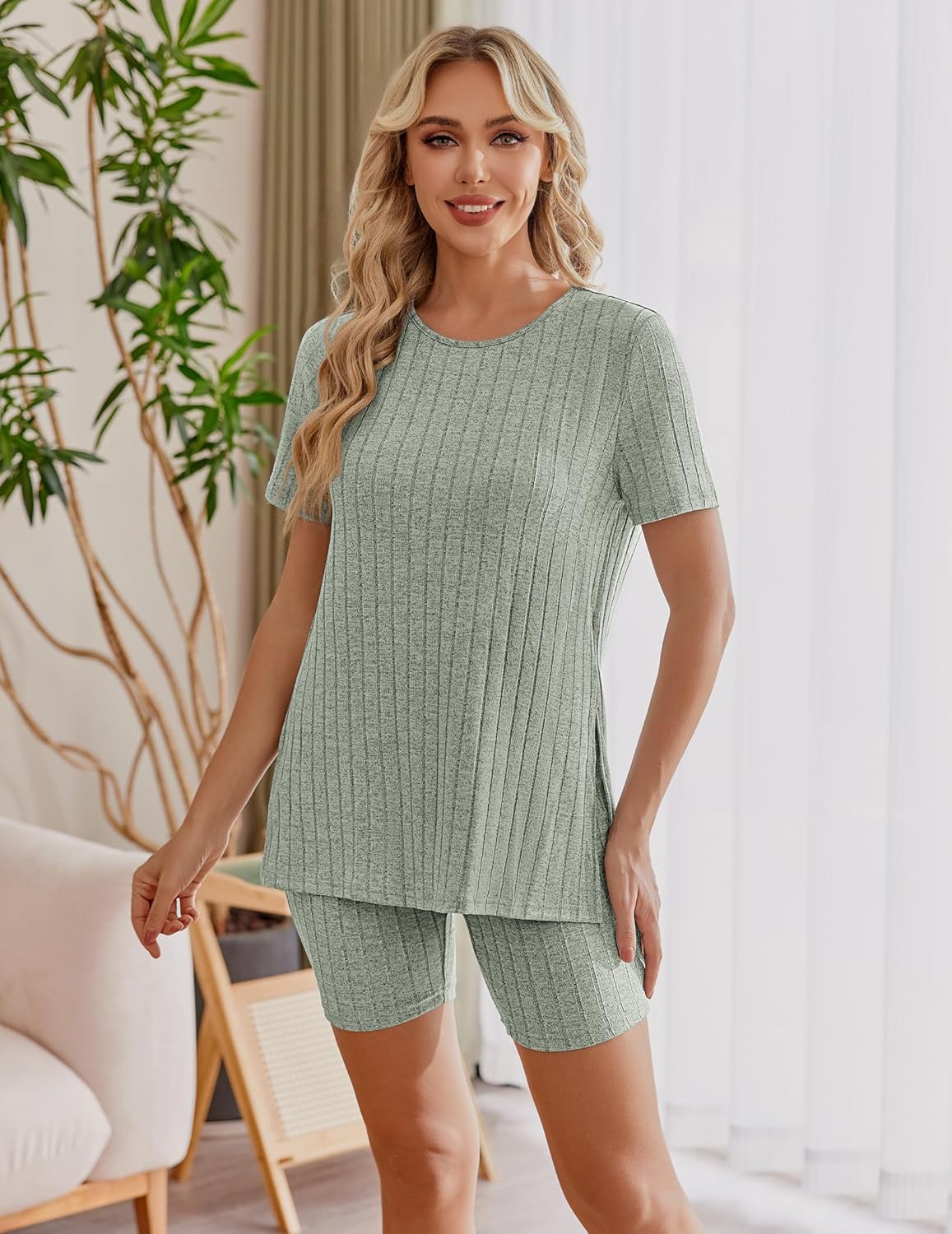 Ekouaer Maternity Sets 2 Piece Outfits Ribbed Knit Shirts and Shorts