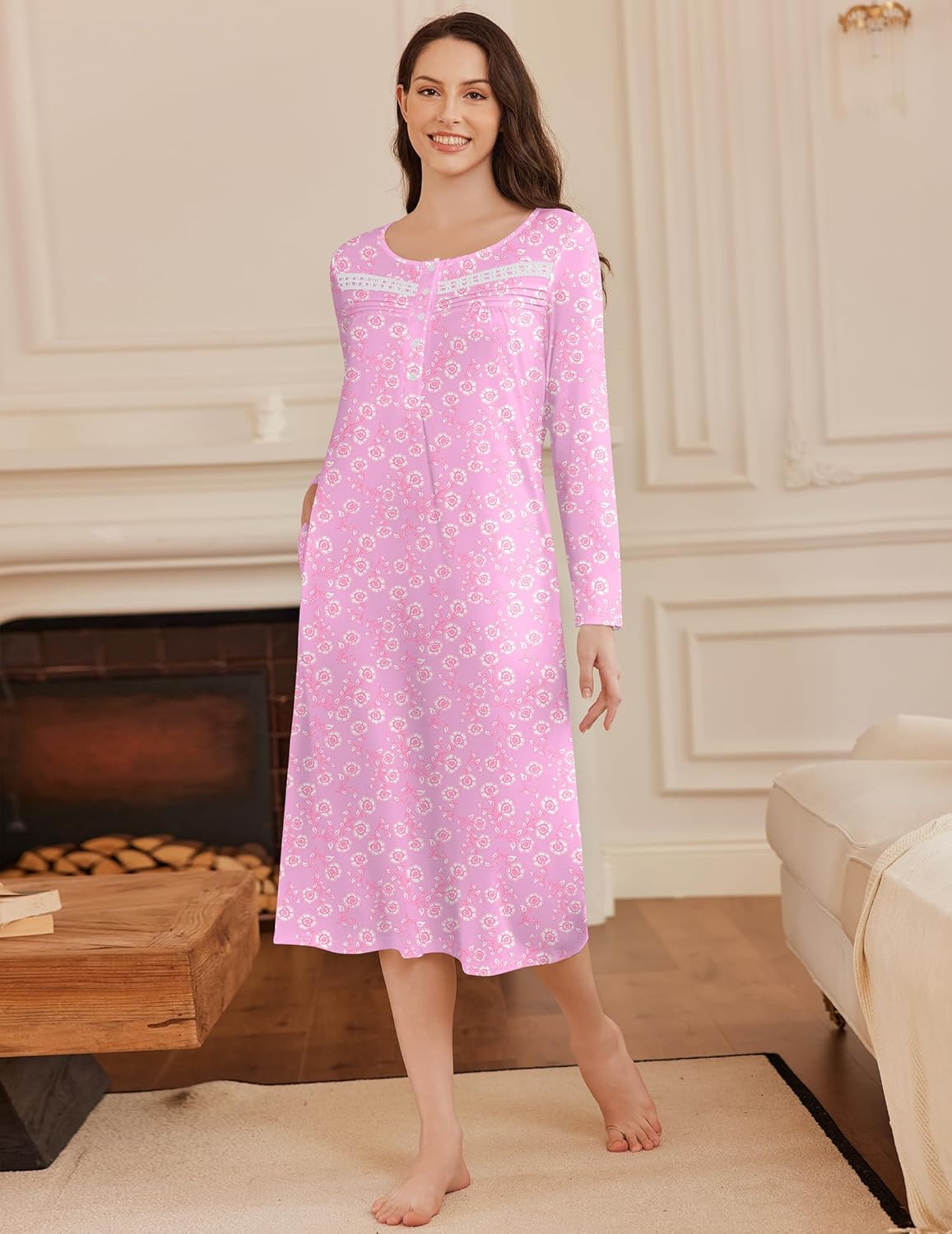 Long Button Night Gowns Full Length Sleep Dress with Pockets
