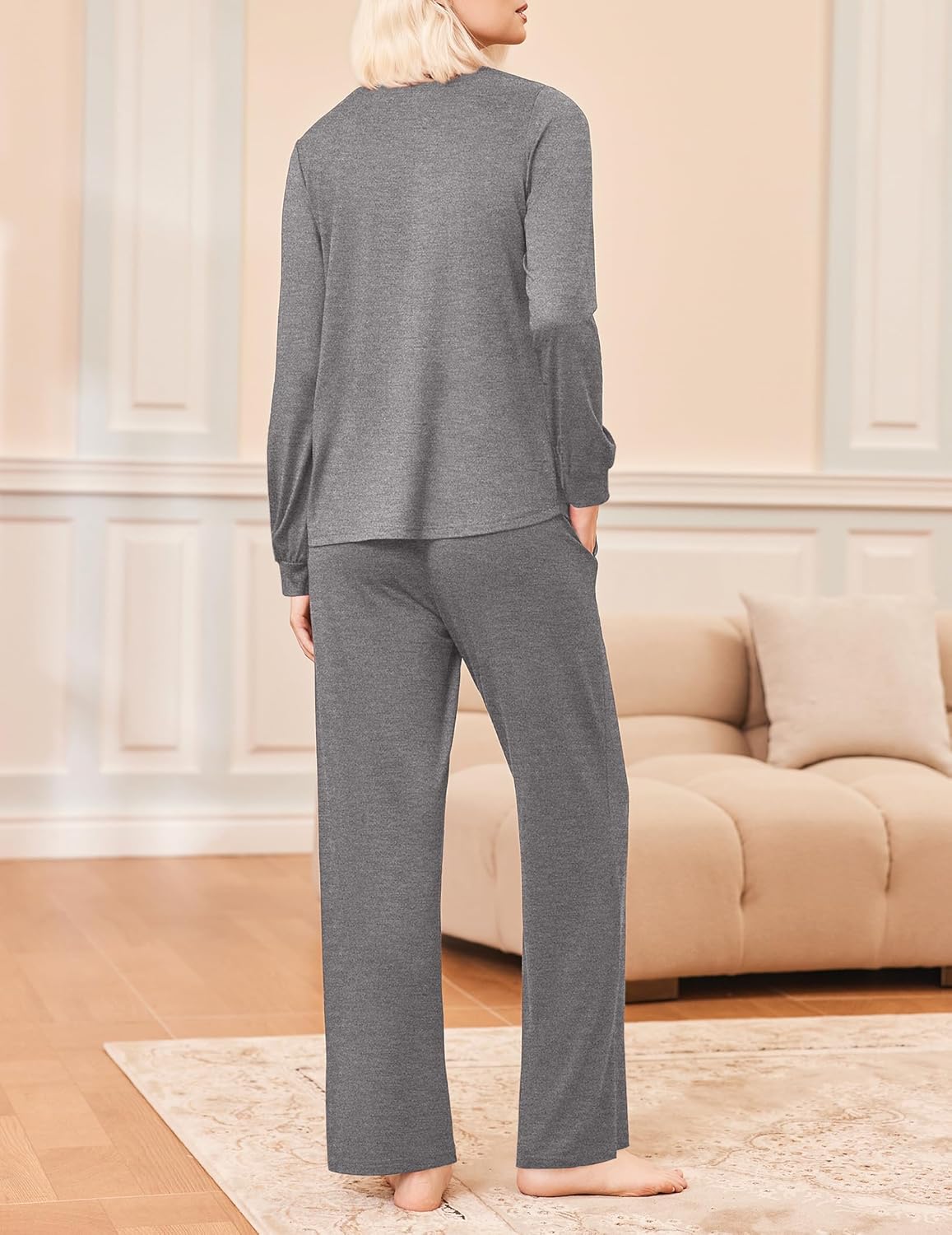 Long Sleeve Pleated V Neck Sleepwear with Pockets