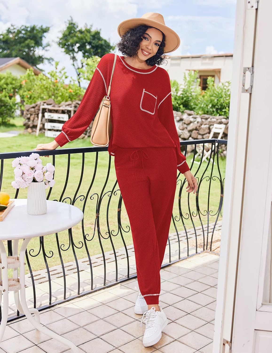Pajamas Set Waffle Knit Long Sleeve Lounge Set