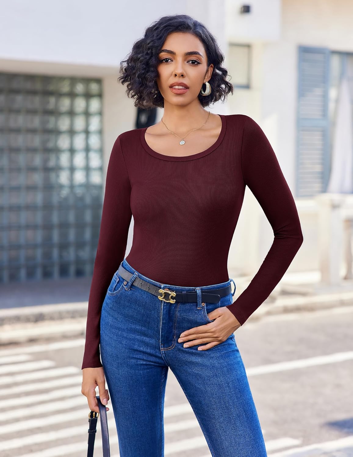 Ekouaer Long Sleeve Shirts Ribbed Scoop Neck Tops