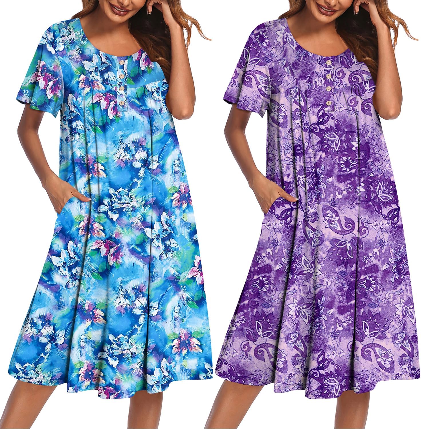 2-pack plus size mumu nightgowns: blue floral watercolor print and purple floral, buttons