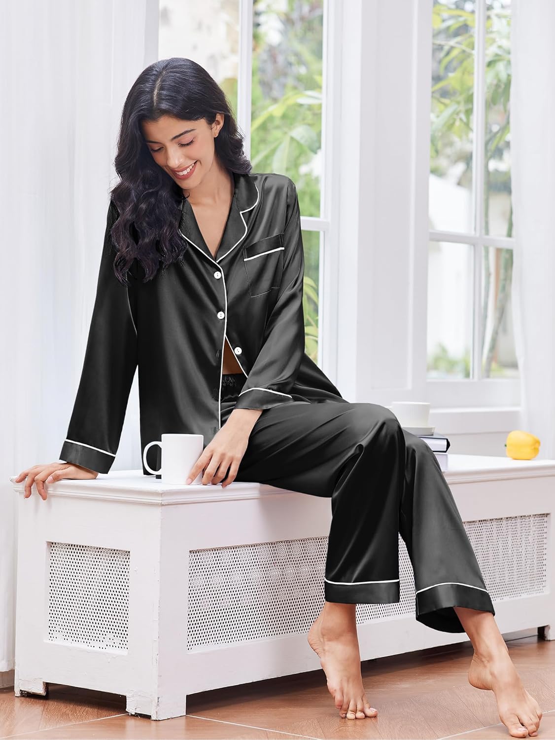 2 Pack Satin Pajamas Set Button Down Silk Pjs Set